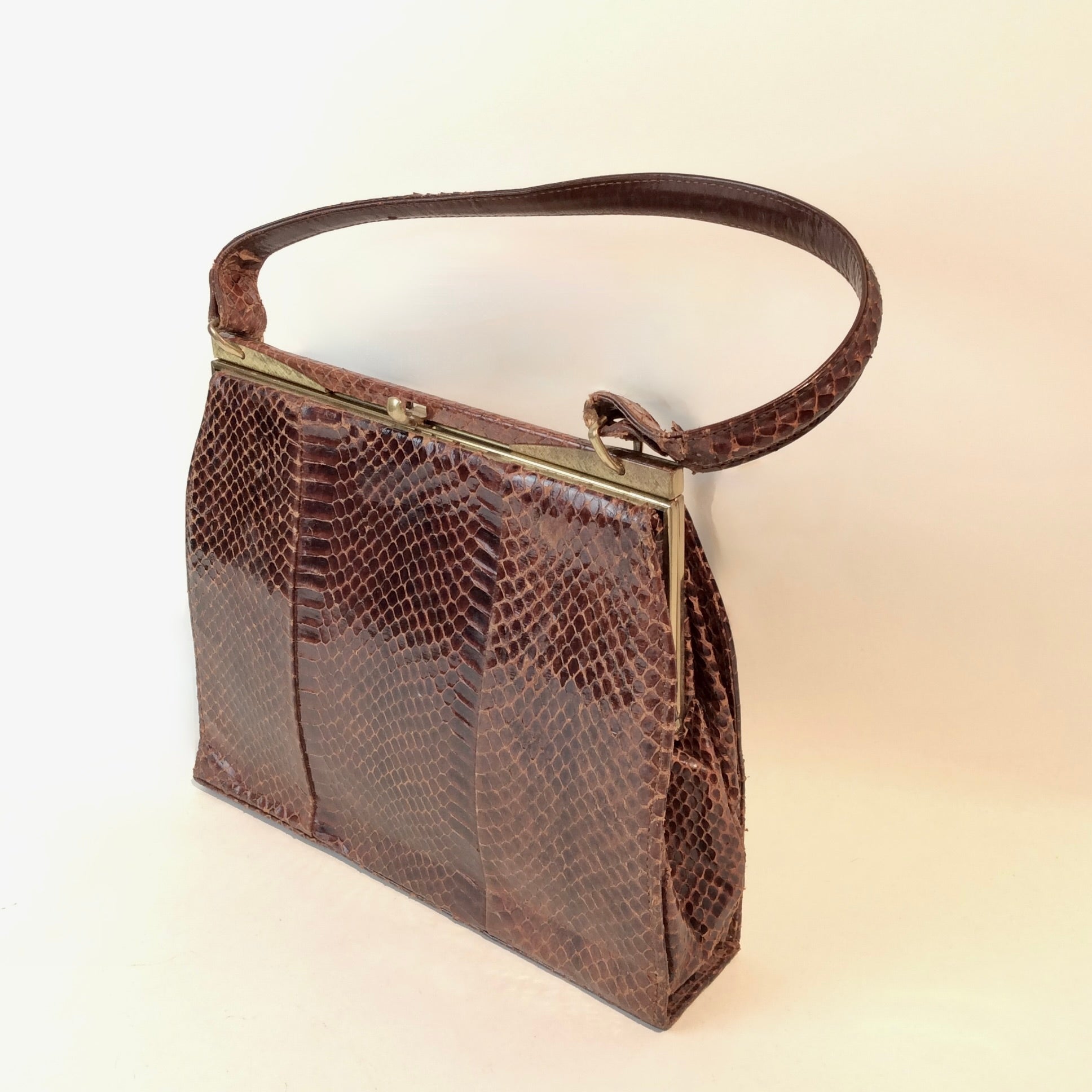 Vintage snakeskin handbag with velvet interior, two compartments, one-of-a-kind collectible piece, available at Boheme Vintage in Montreal – bohemevintage.com