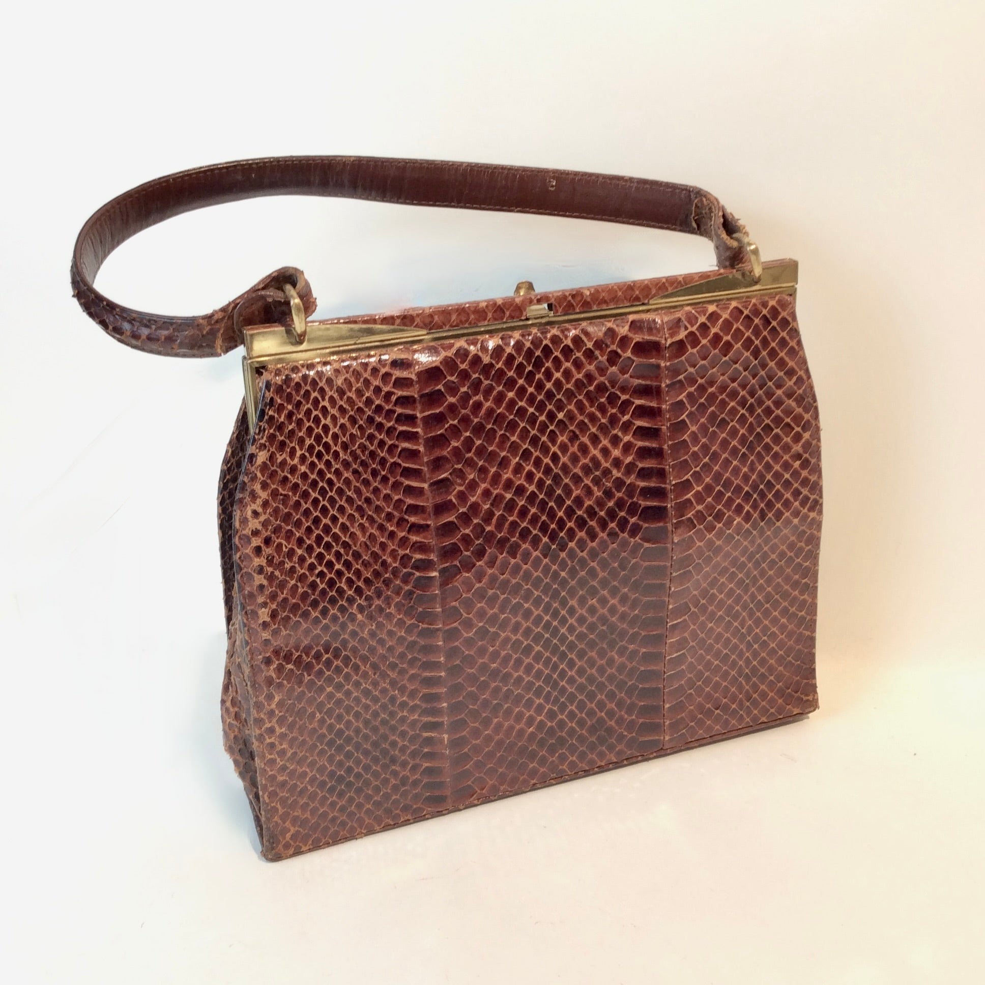 Vintage snakeskin handbag with velvet interior, two compartments, one-of-a-kind collectible piece, available at Boheme Vintage in Montreal – bohemevintage.com
