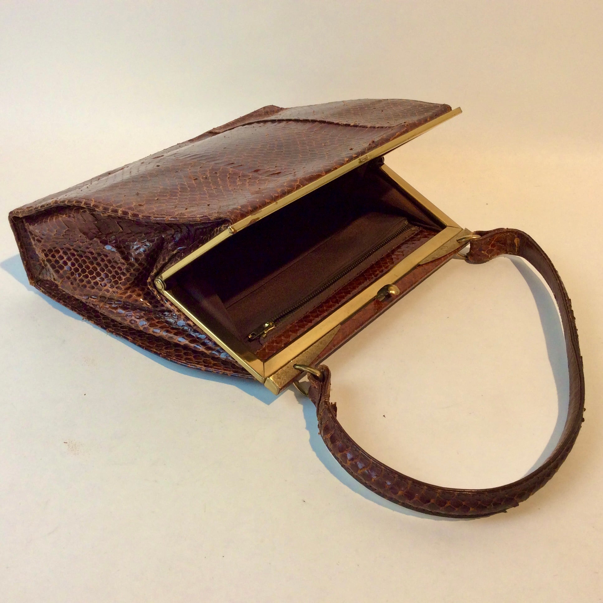 Vintage snakeskin handbag with velvet interior, two compartments, one-of-a-kind collectible piece, available at Boheme Vintage in Montreal – bohemevintage.com