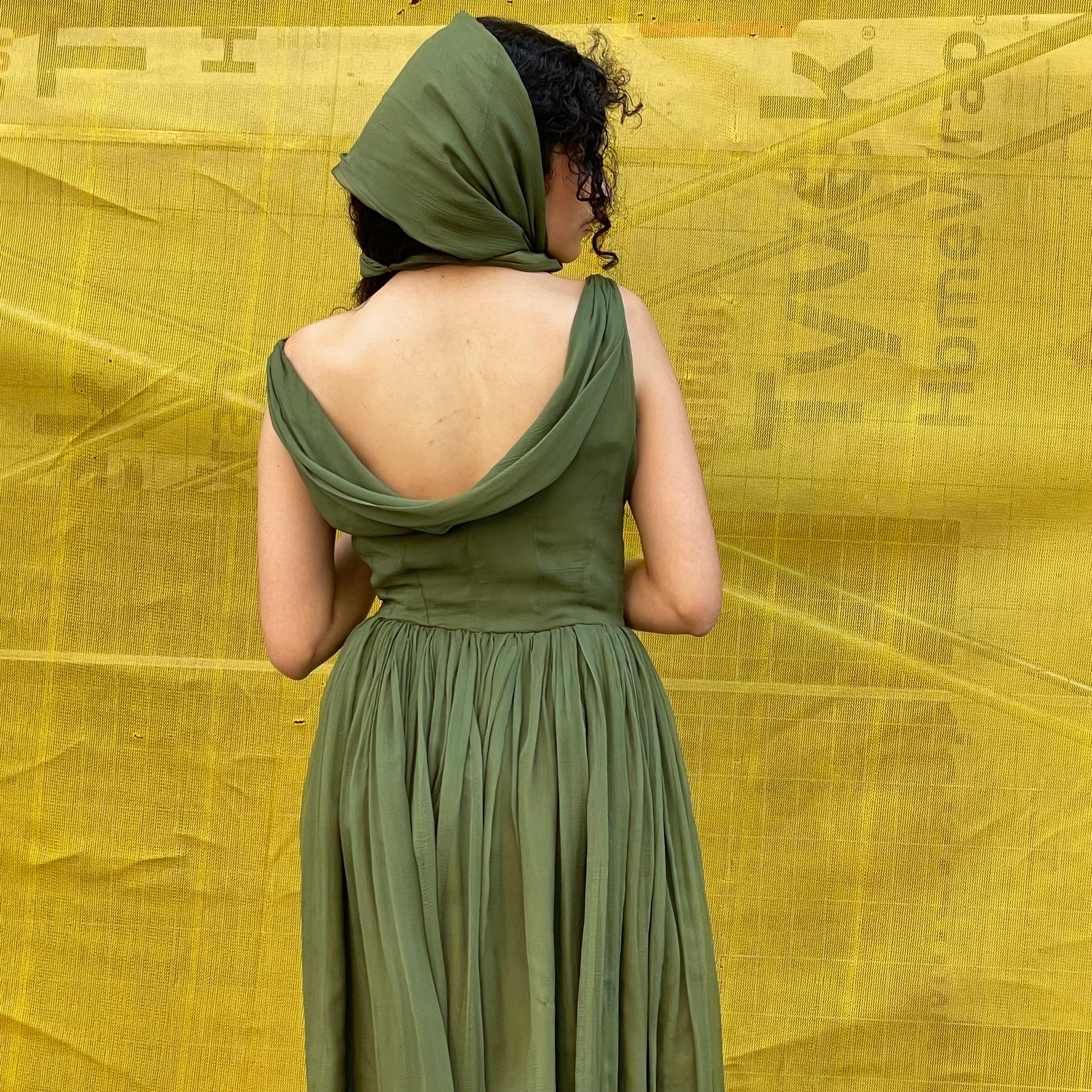 Boheme Vintage – Vintage Handmade Green Silk Chiffon Cocktail Dress with Draped V-Back and Pointed Fabric Belt