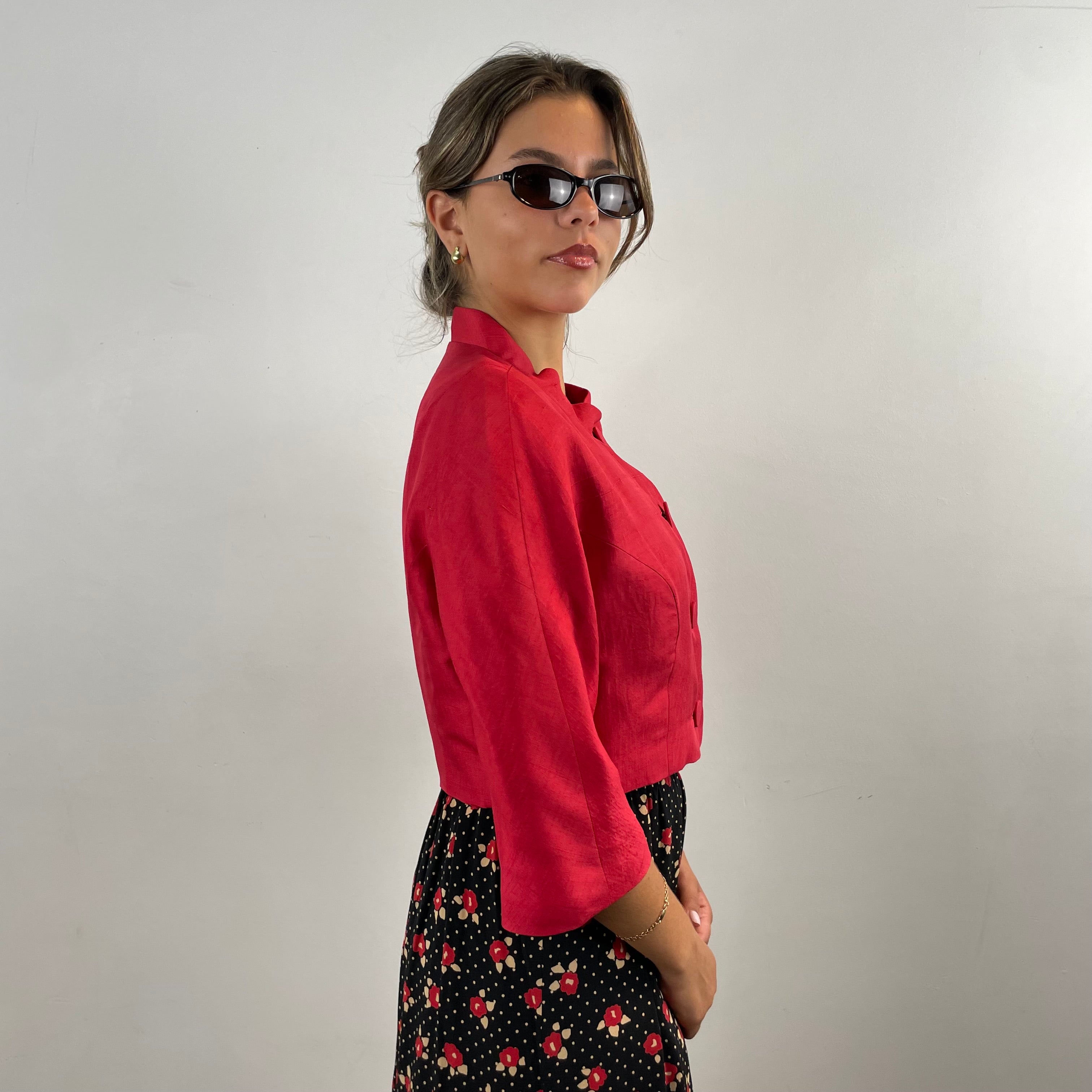 Side view of 1960s Cherry Red Silk Shantung Bolero Blazer size Medium sold at bohemevintage.com