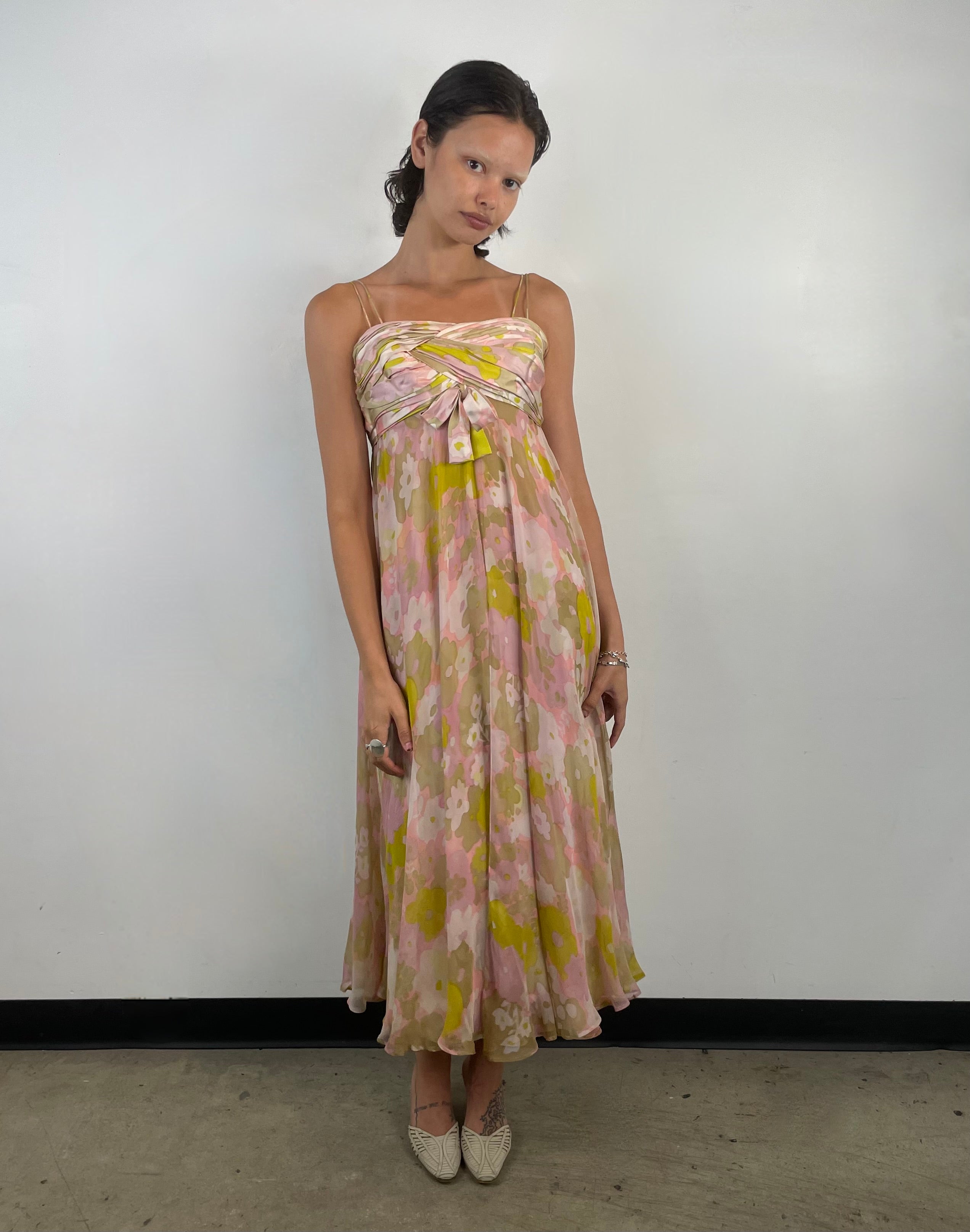 1960s Pastel Colour Silk Chiffon Midi Dress Small