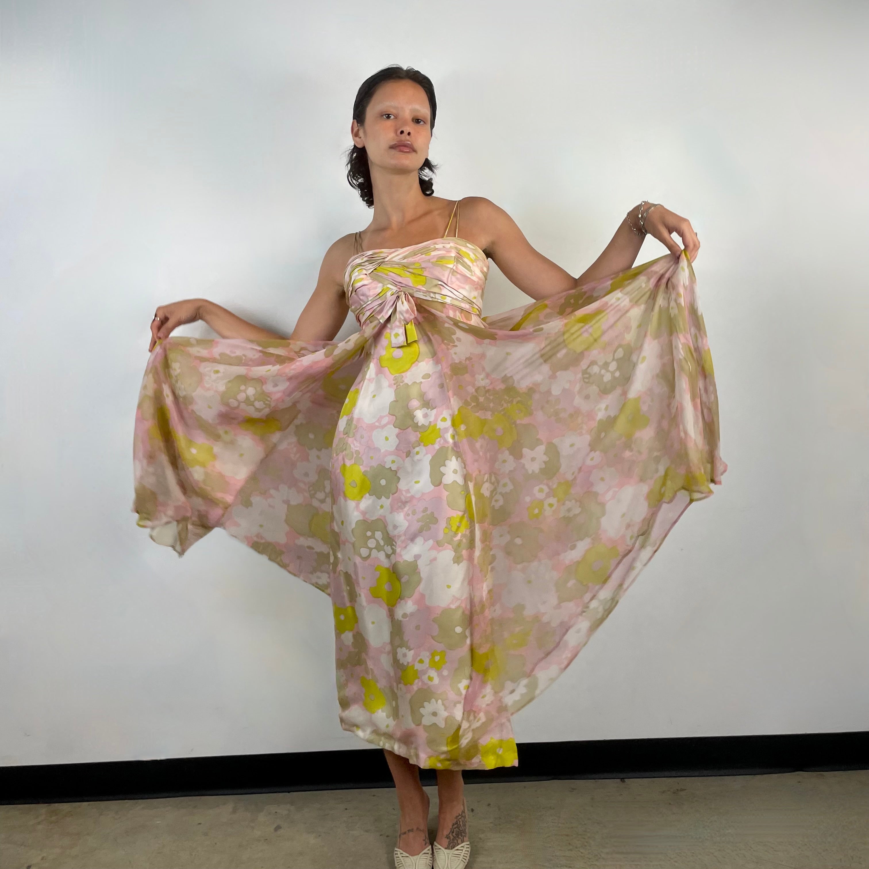 1960s Pastel Colour Silk Chiffon Midi Dress Small