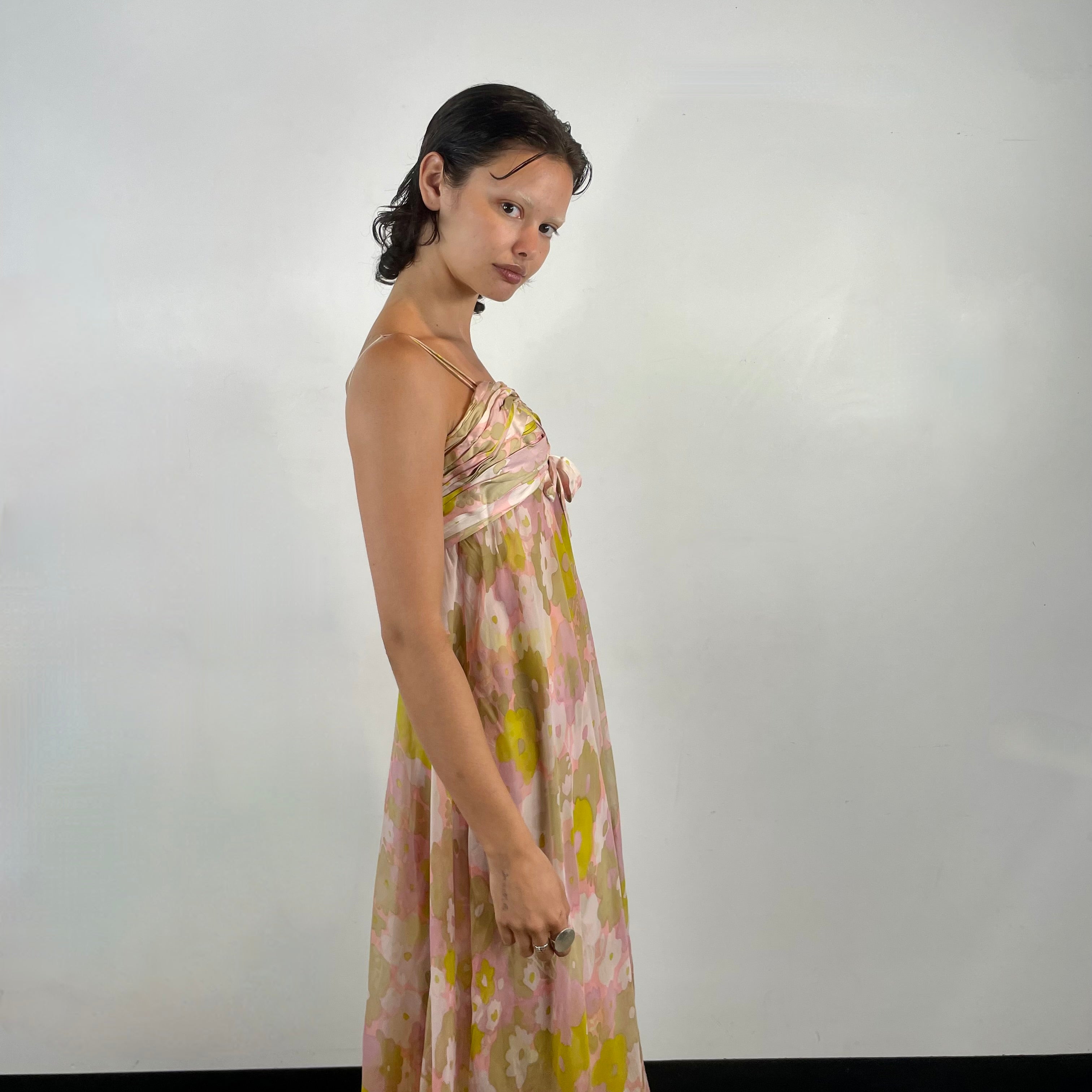 1960s Pastel Colour Silk Chiffon Midi Dress Small