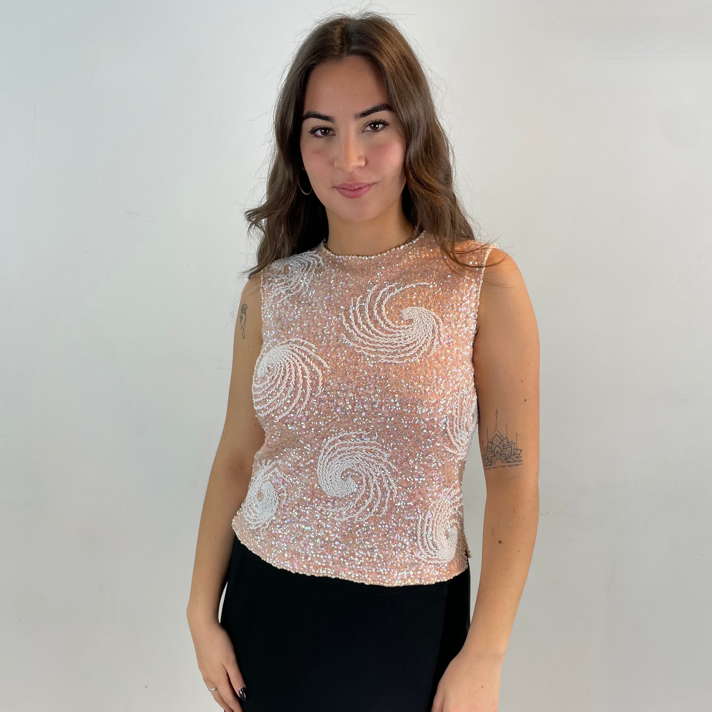 Boheme Vintage – Vintage 1960s Handmade Beaded Wool Jersey Sleeveless Top with Sequin and Pearl Detailing
