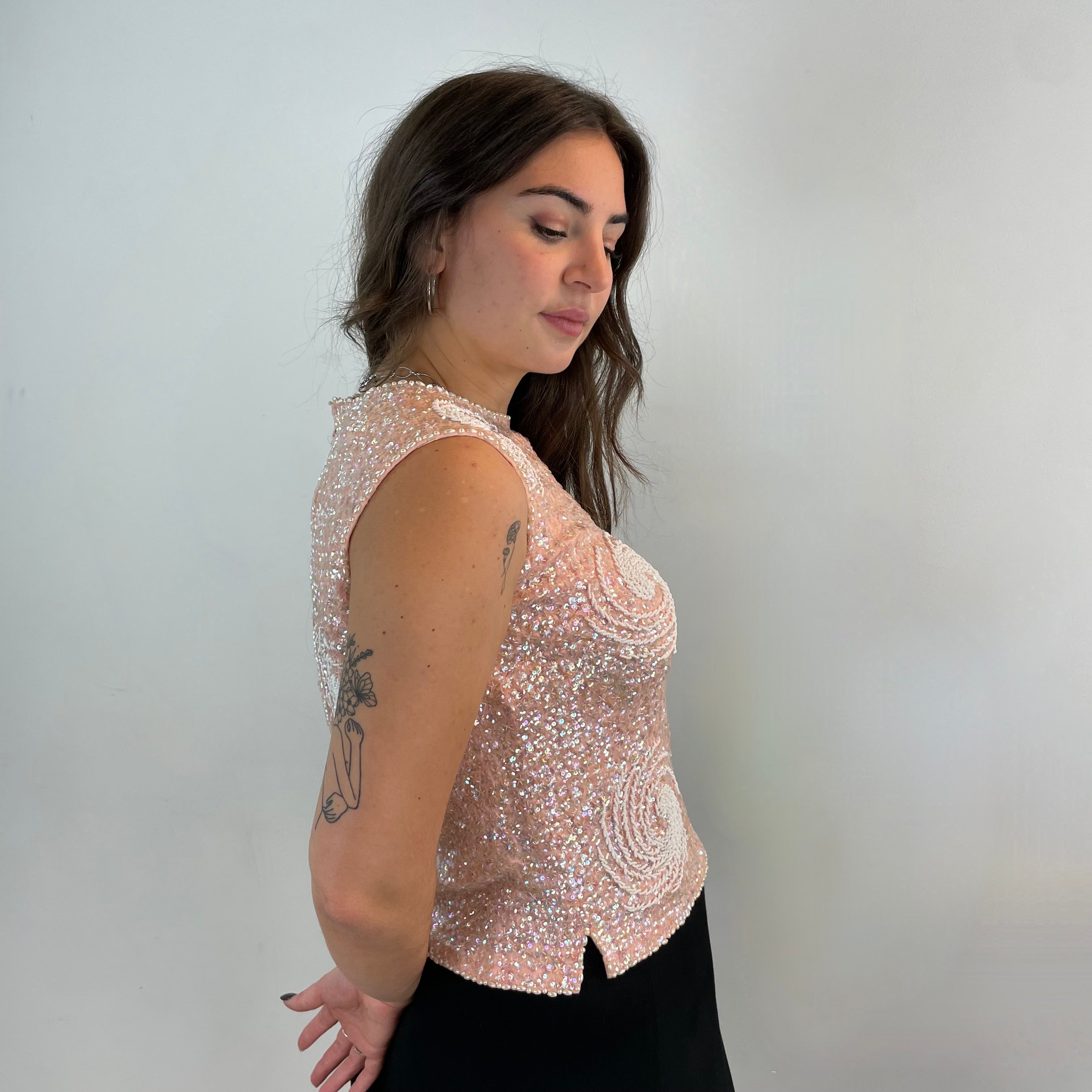 Boheme Vintage – Vintage 1960s Handmade Beaded Wool Jersey Sleeveless Top with Sequin and Pearl Detailing