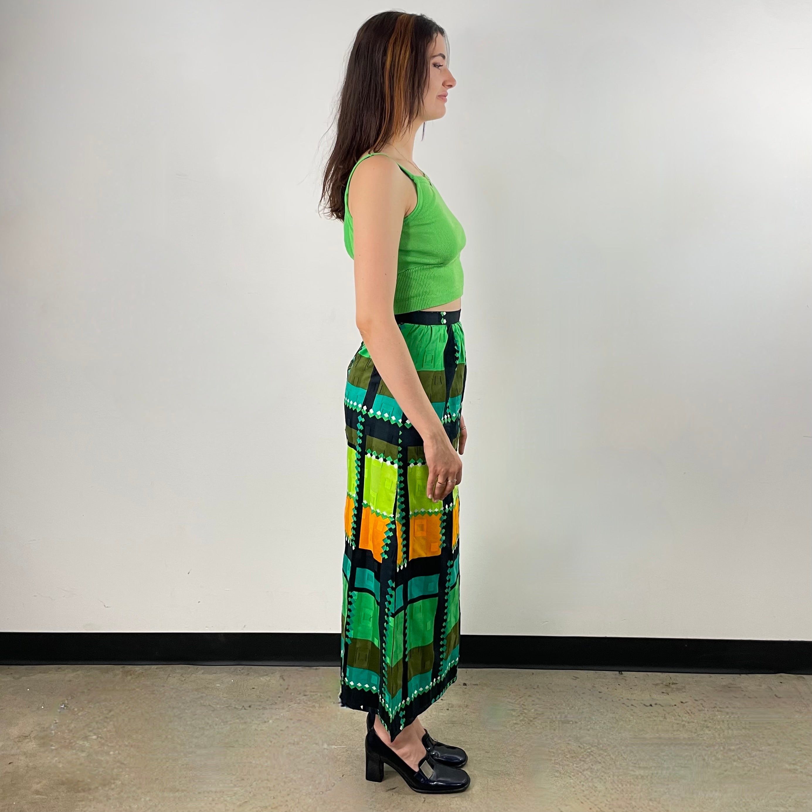 Boheme Vintage 1970s handmade floral cotton A-line midi skirt with gathered waist, side slit, and lightweight cotton lining.