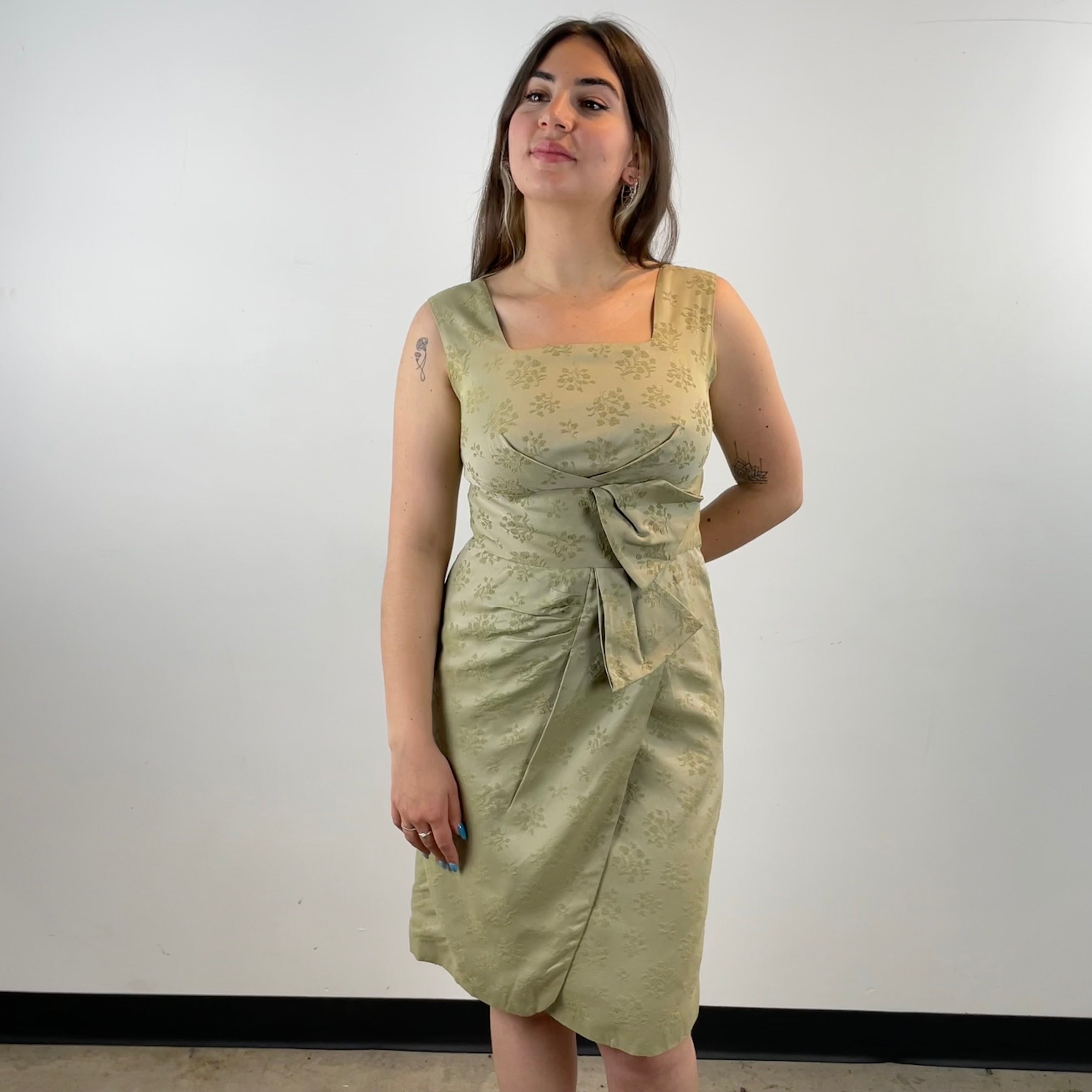 Front View of Boheme Vintage 1960s handmade brocade dress and bolero set with Peter Pan collar and pleated detailing.