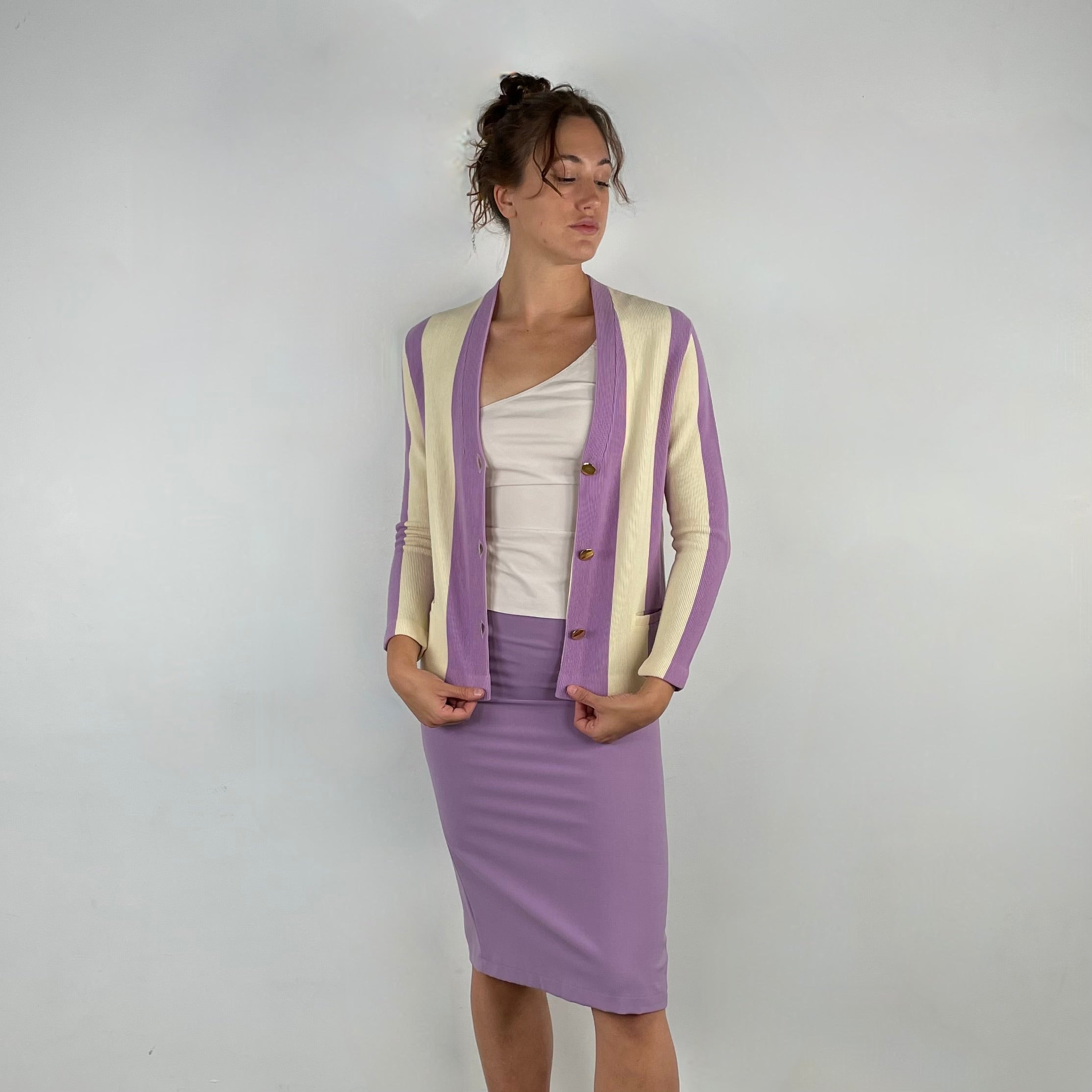 Front View of Boheme Vintage 1960s EP Tricot Lux lavender striped wool knit blazer with gold buttons and boxy silhouette.