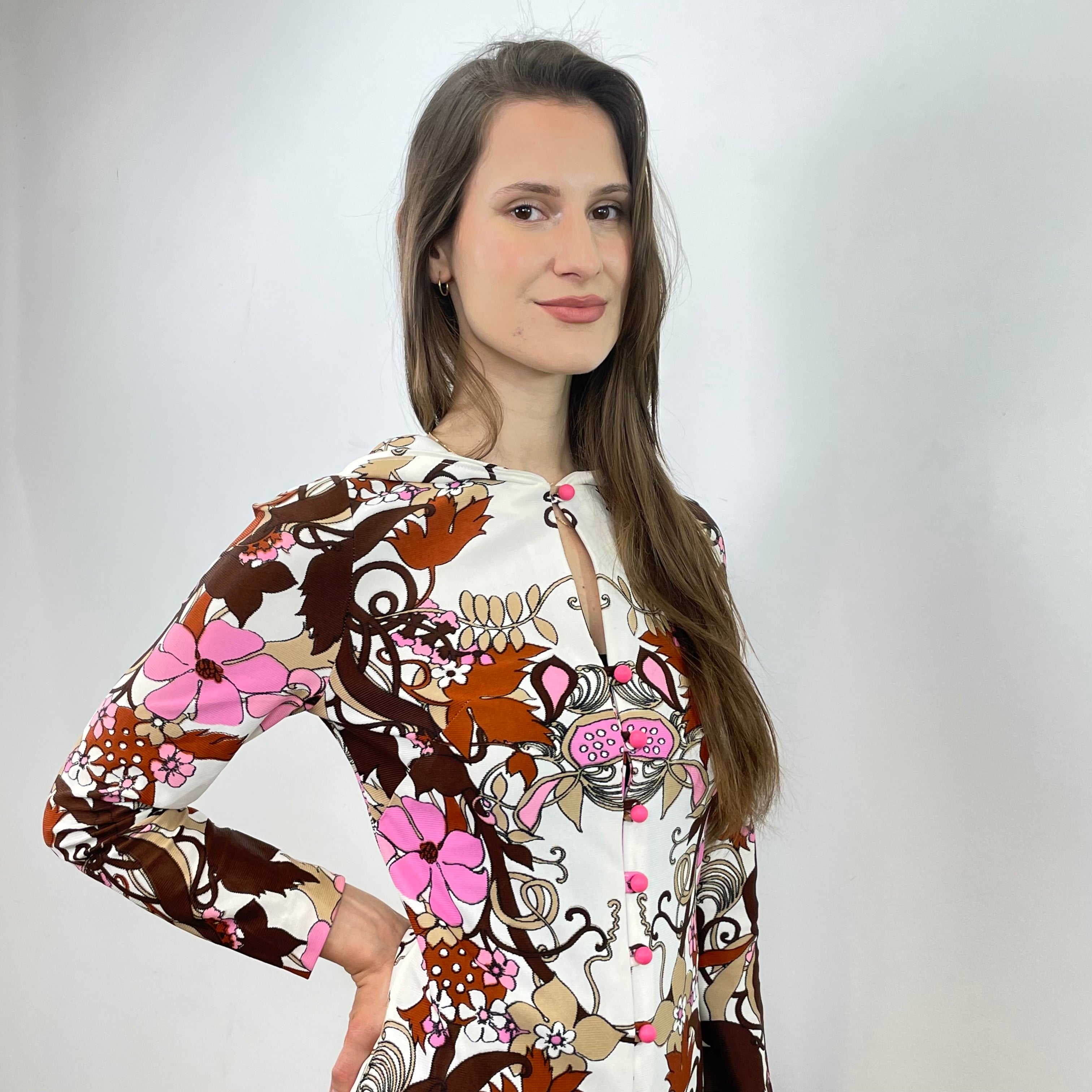 Boheme Vintage – Vintage 1970s Handmade Hooded Long Sleeve Maxi Dress with Full Button Front Closure