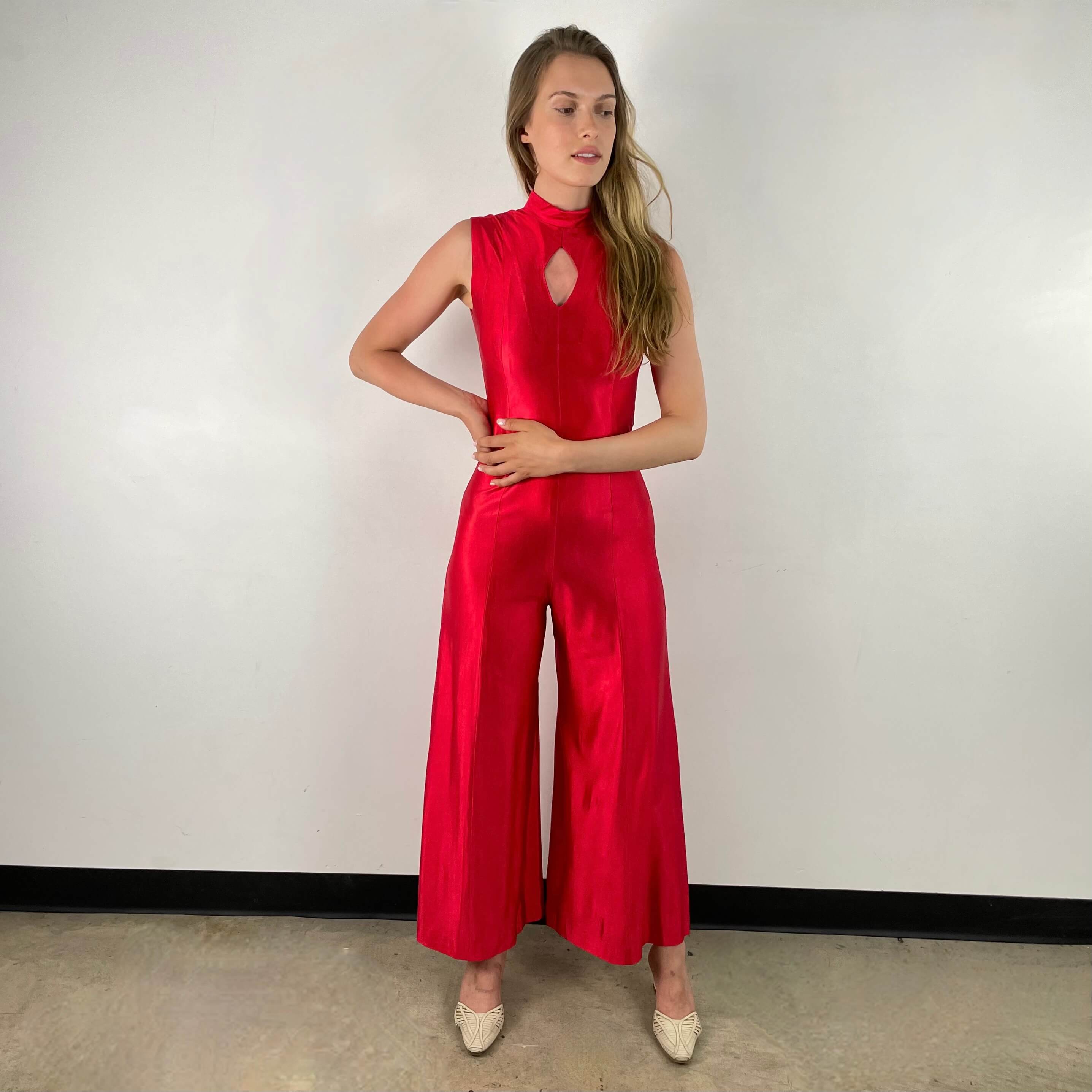 ront view of 1970s Red Wide Leg Jumpsuit size Small sold at bohemevintage.com Montreal