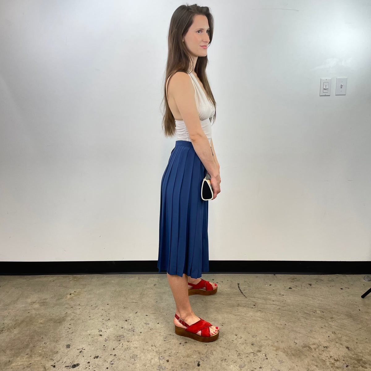 Boheme Vintage – Vintage 1970s Rodier Paris Pleated Polyester Skirt Made in France with Button Details