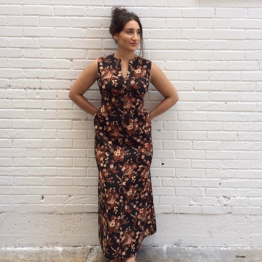 Handmade 1970s floral maxi dress with V-neck and empire waist, versatile and timeless, available at Boheme Vintage in Montreal – bohemevintage.com