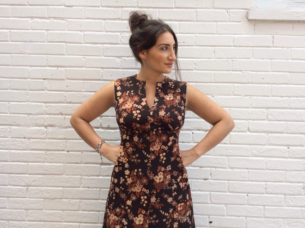 Handmade 1970s floral maxi dress with V-neck and empire waist, versatile and timeless, available at Boheme Vintage in Montreal – bohemevintage.com