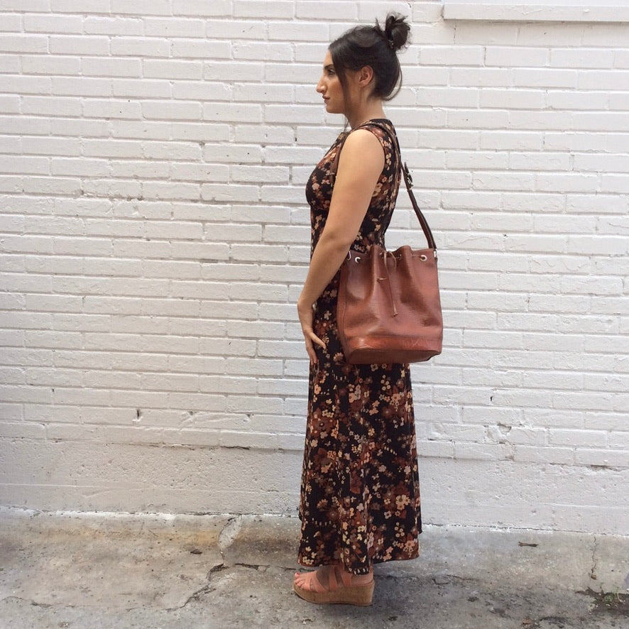 Handmade 1970s floral maxi dress with V-neck and empire waist, versatile and timeless, available at Boheme Vintage in Montreal – bohemevintage.com