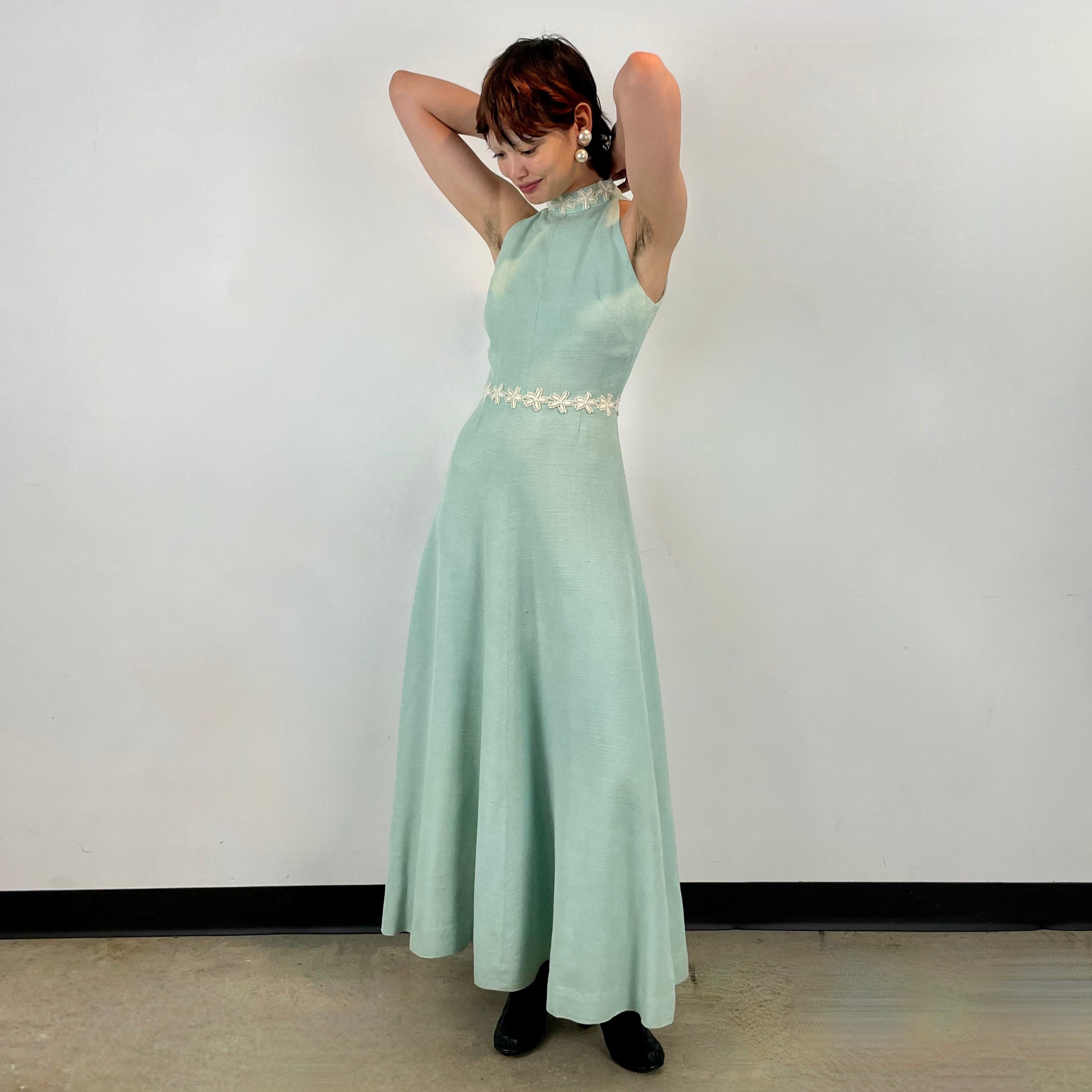 Boheme Vintage 1970s handmade cotton dress with embroidered floral neckline, fitted bodice, and flared skirt.