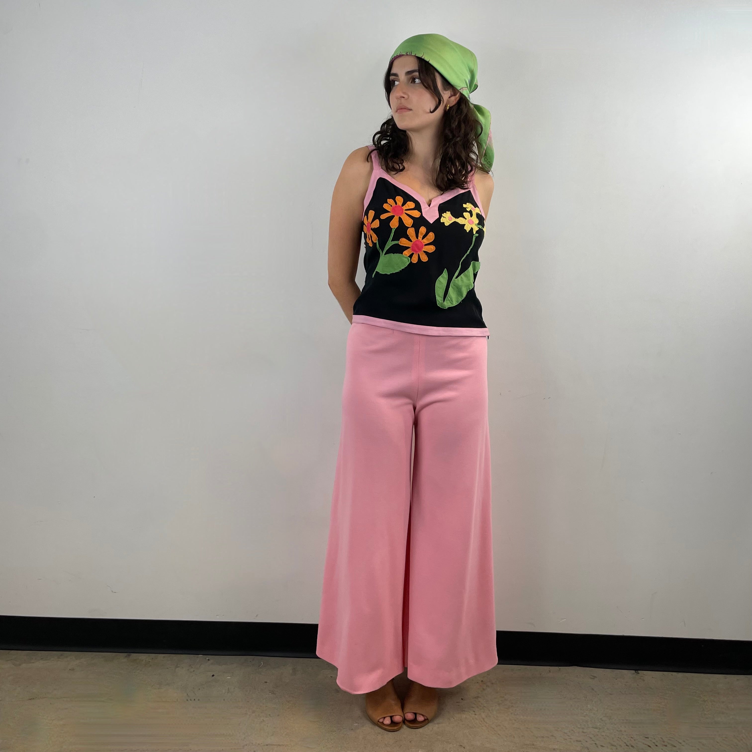 1970s handmade pink high-waisted wide leg jersey pants. Comfortable, flattering, and perfect for festivals, parties, and standout vintage style.