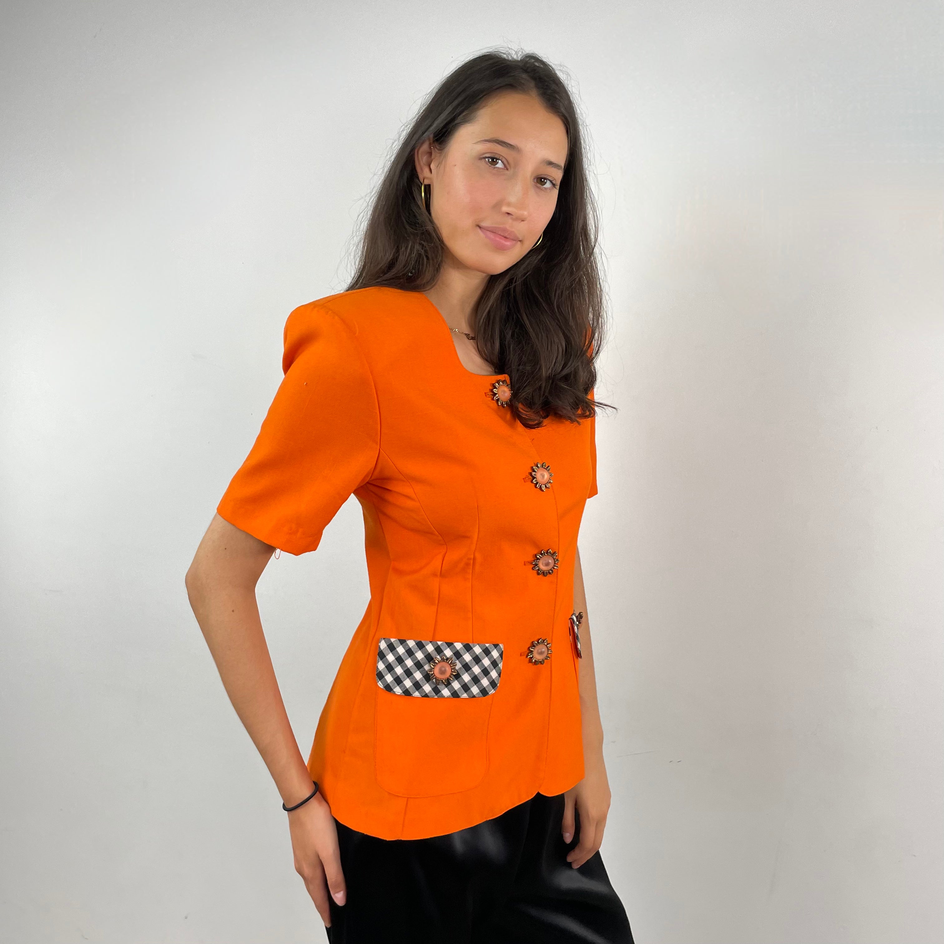 Boheme Vintage – Vintage 1980s Prima Donna Sportswear Orange Blazer Made in Canada with Flower-Shaped Buttons