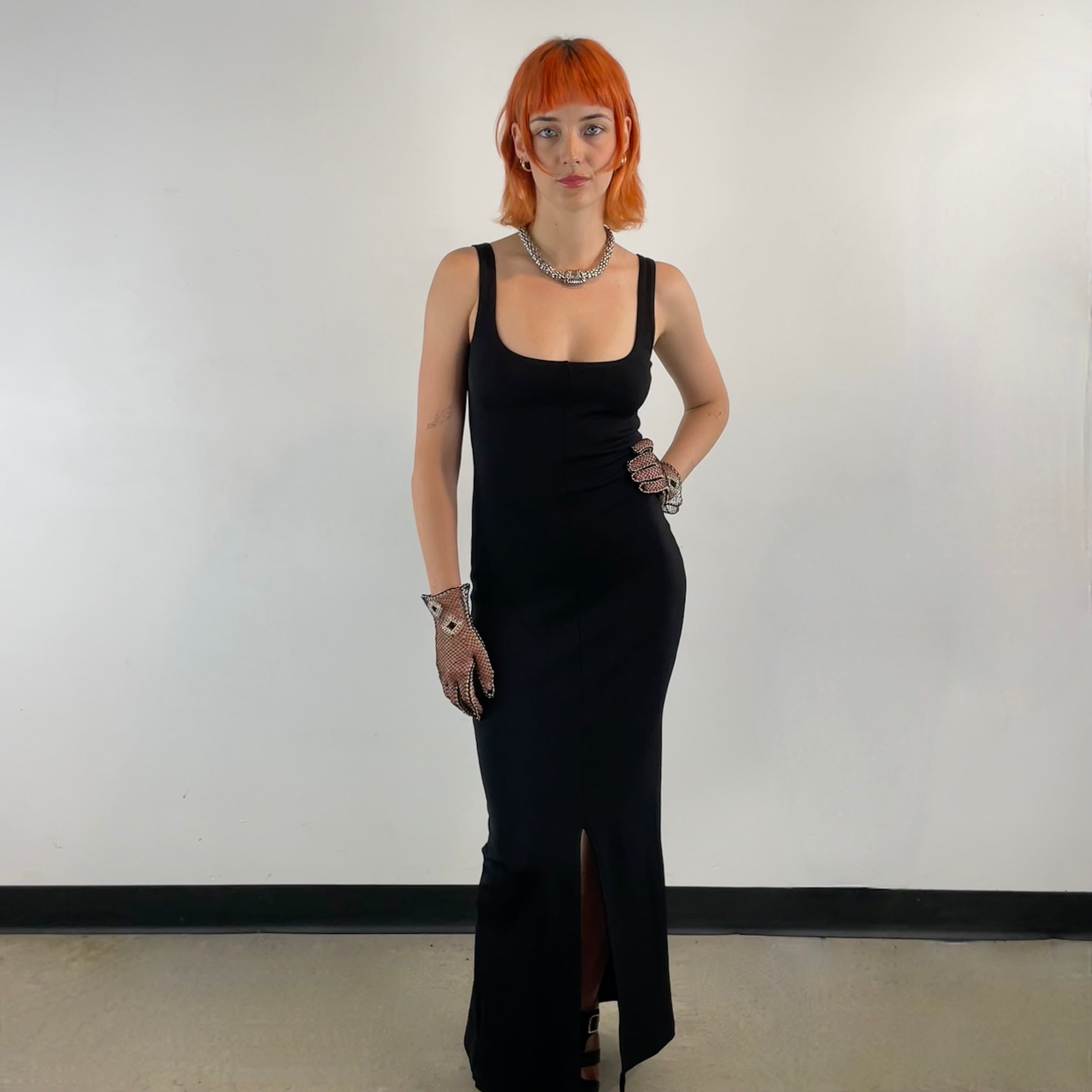 1990s Black Low Cut Maxi Jersey Dress Petite/Medium