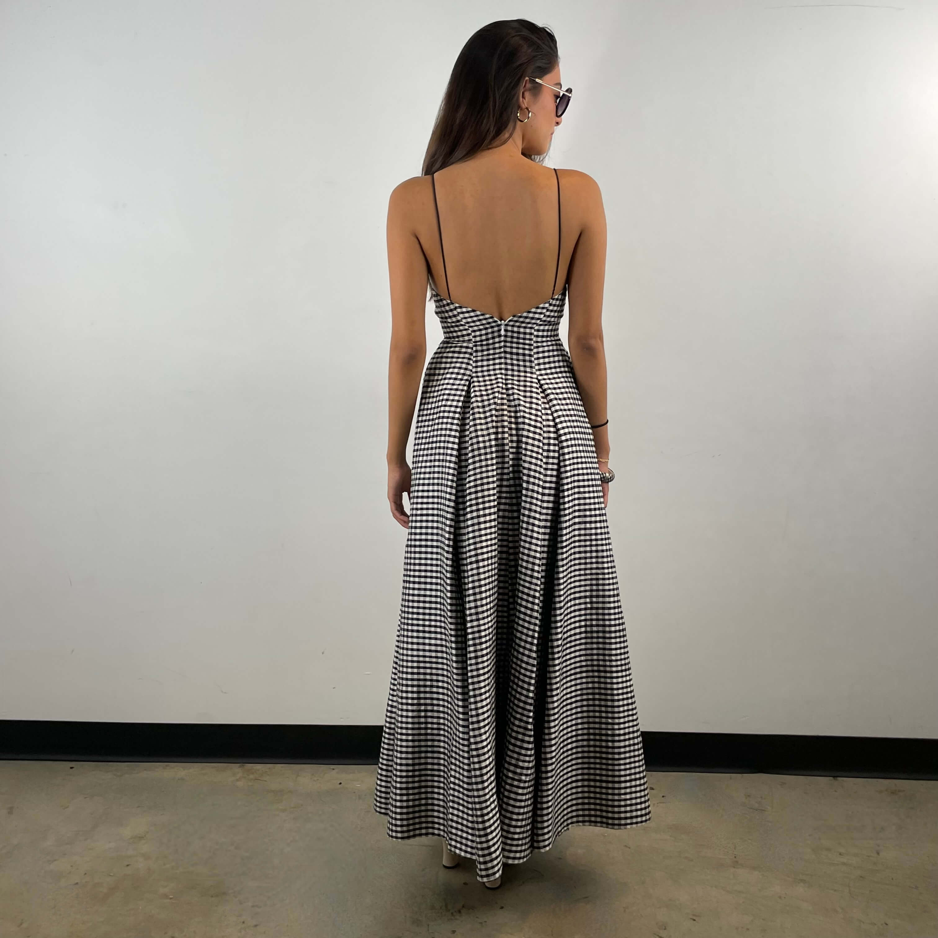 Vintage Black and White Checkered Open Back Sleeveless Silk Gown Extra Small/Small - Boheme Vintage Montreal