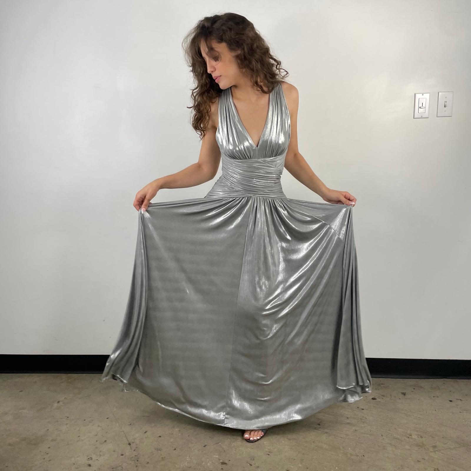 Calvin Klein Designer Open Back Maxi Drape Silver Gown Small