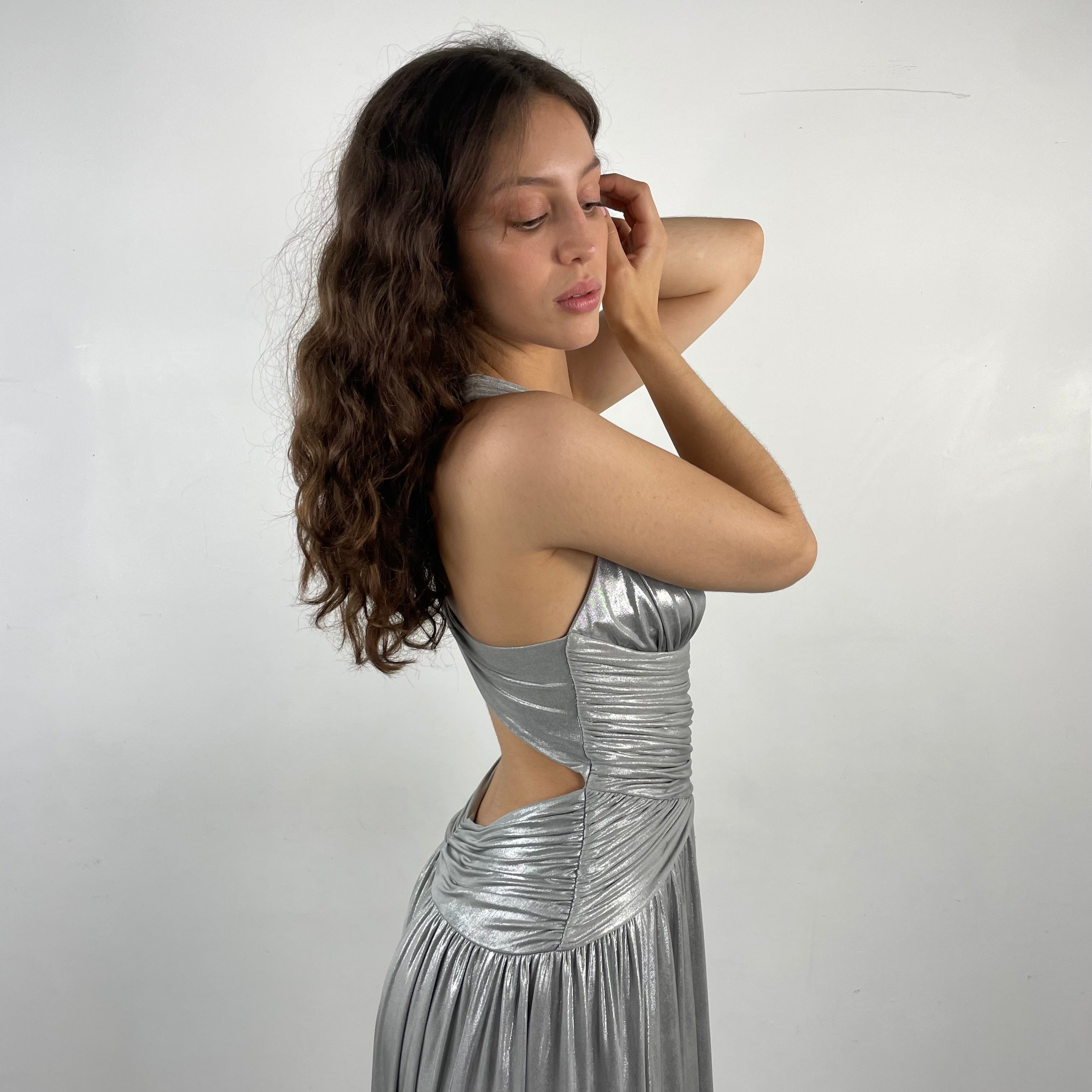 Calvin Klein Designer Open Back Maxi Drape Silver Gown Small