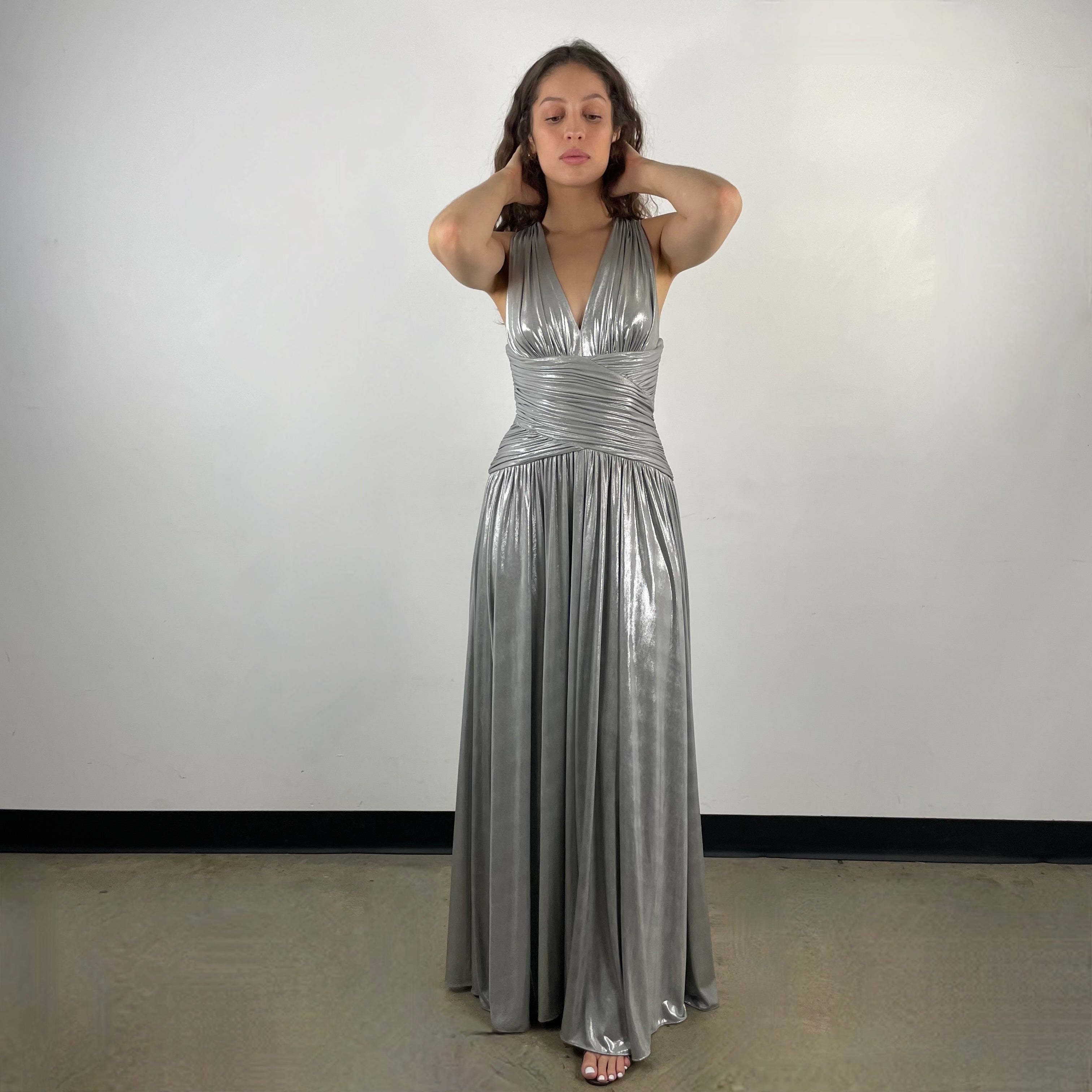 Calvin Klein Designer Open Back Maxi Drape Silver Gown Small