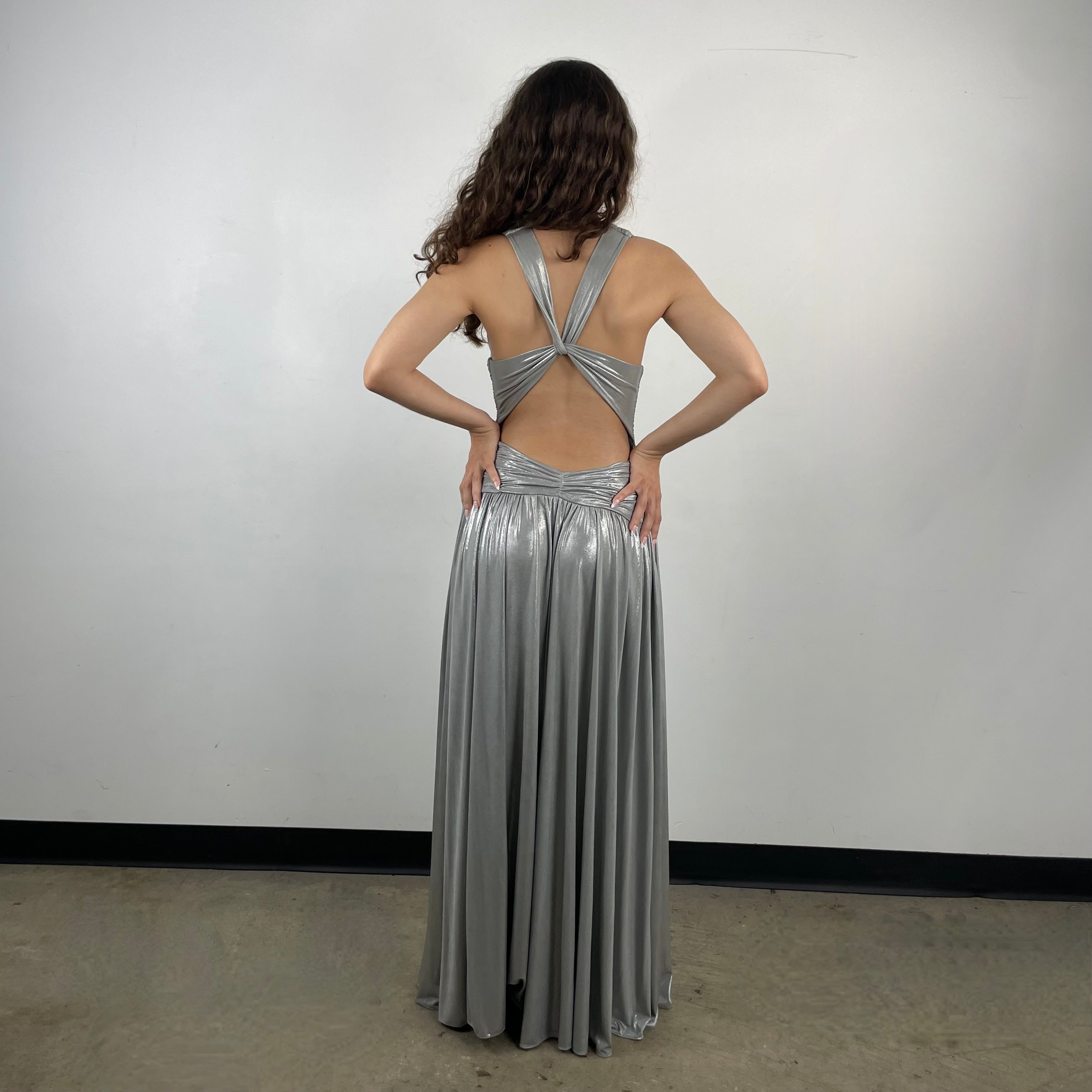 Calvin Klein Designer Open Back Maxi Drape Silver Gown Small