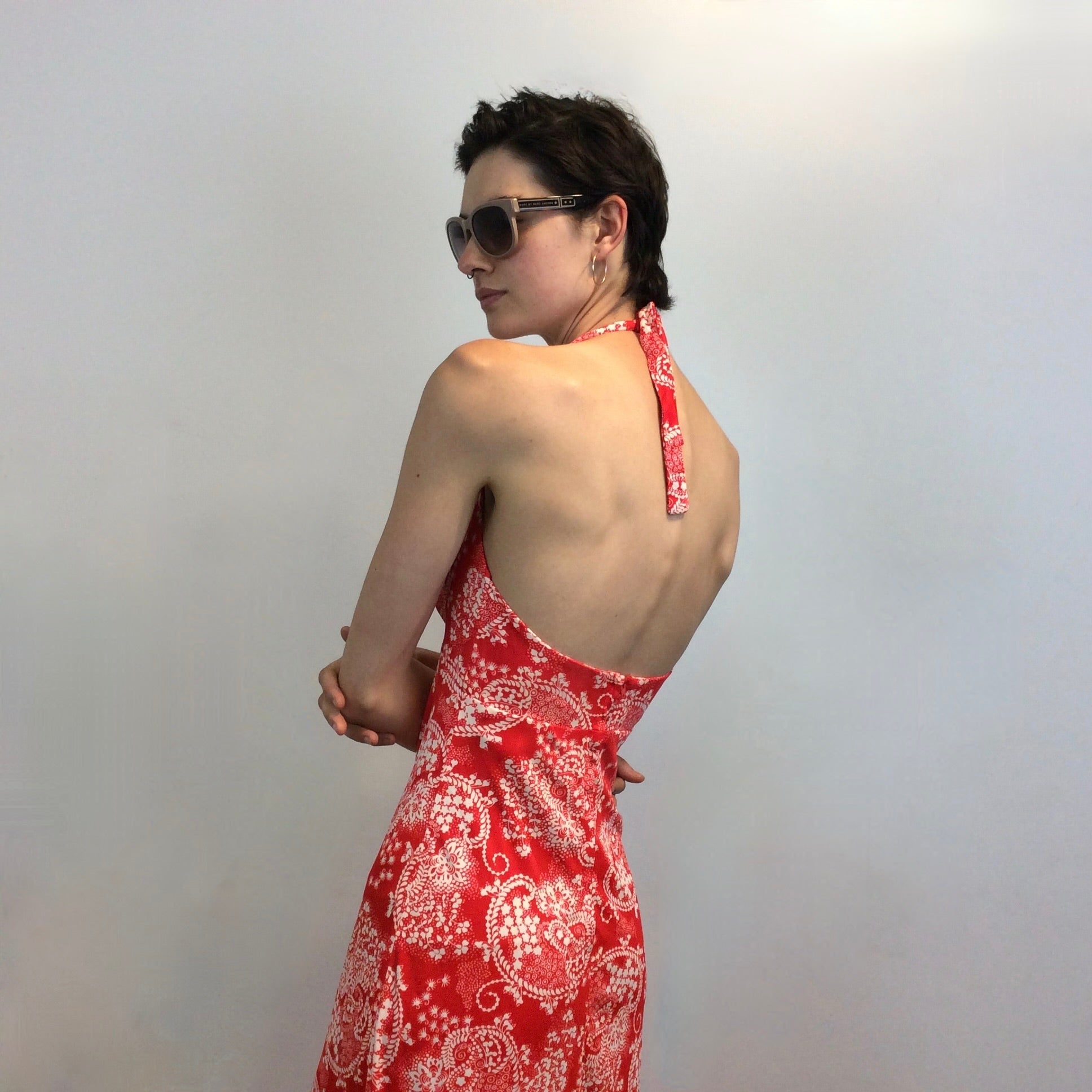 Close up back view of 1970s Tie Back Halter Top Maxi Dress
Size Small
Sold at bohemevintage.com, Montréal