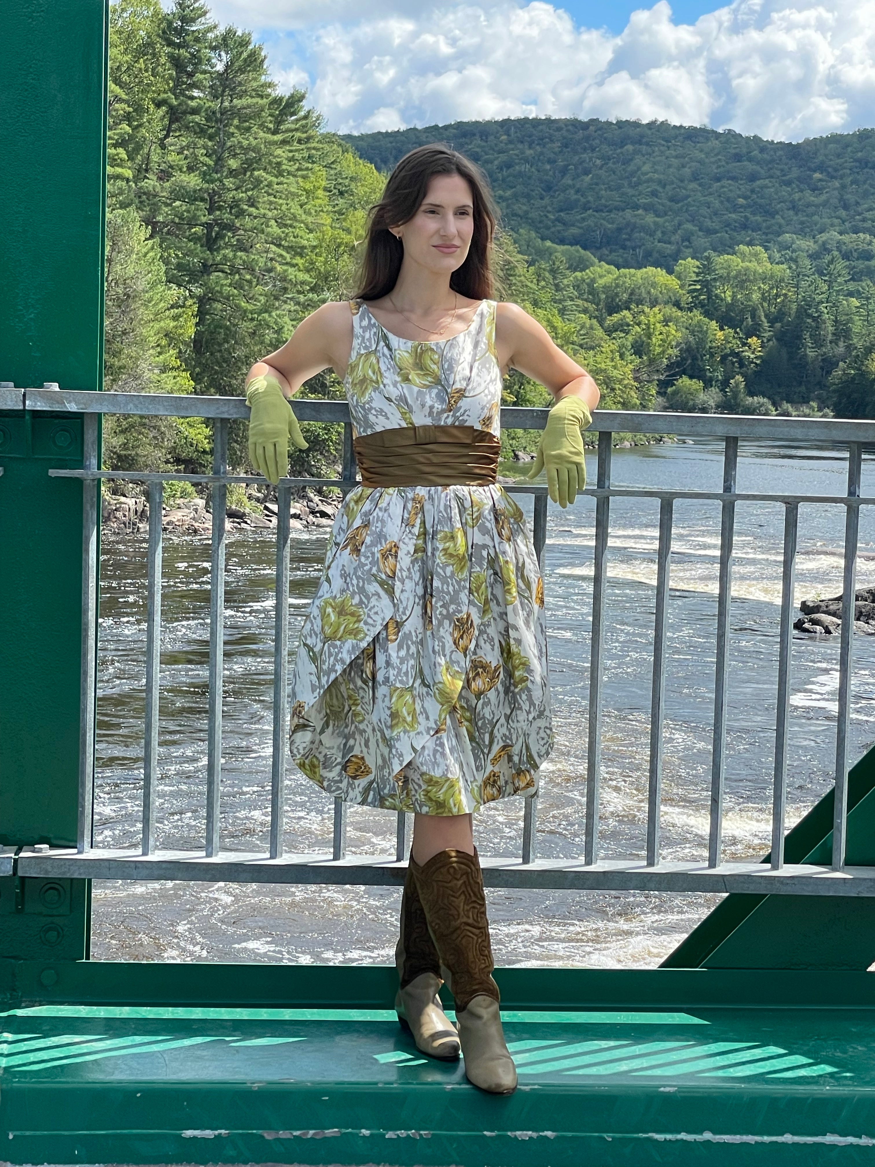 1950s-60s Tulip Shape Satin Cocktail Dress size small sold on bohemevintage.com Montreal Canada