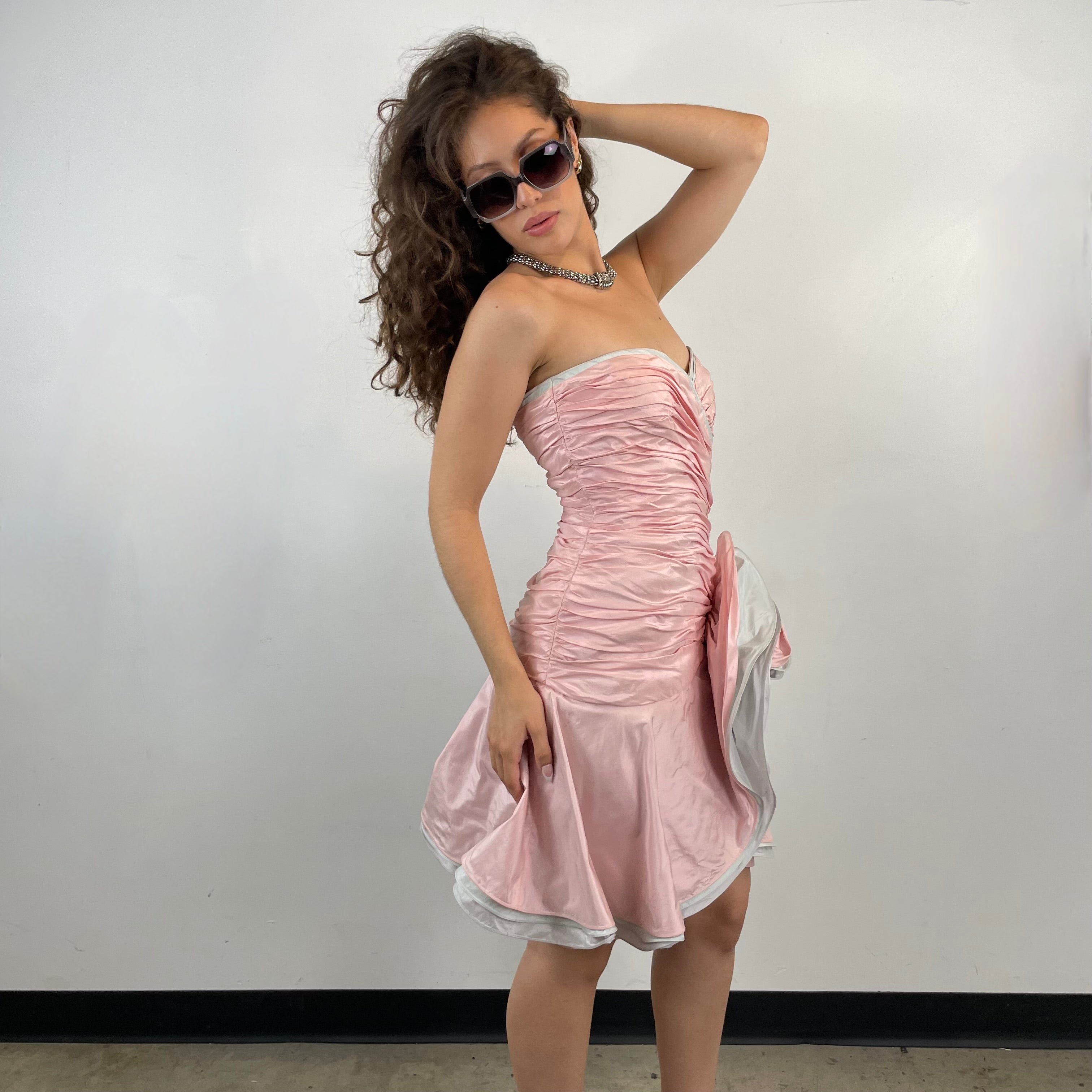 Right-side view of 1980s Pink Shantung Silk Ruched Bustier Dress Size Small sold at bohemevintage.com Montreal
