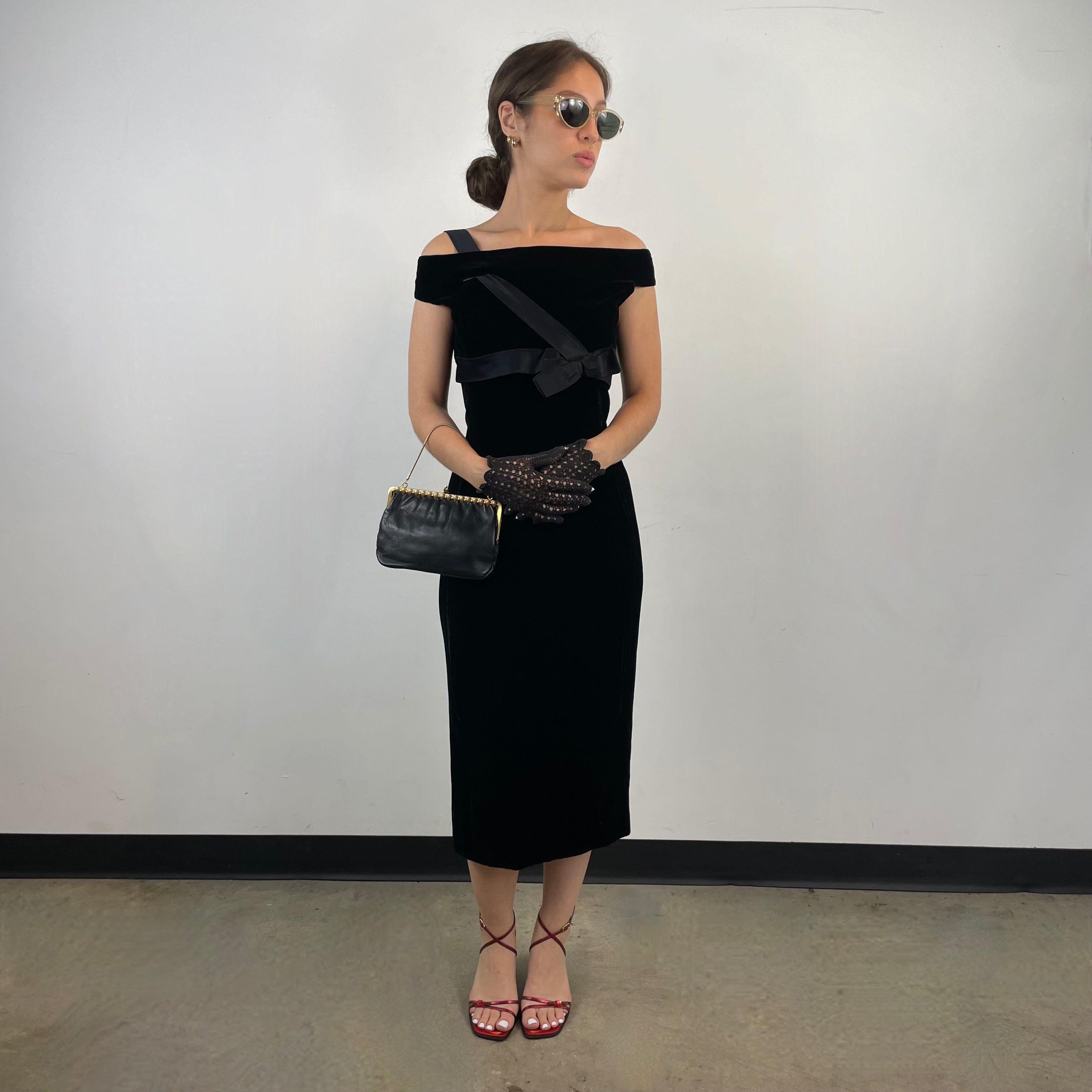 Vintage 1960s Off the Shoulder Black Velvet Midi Dress Small, with bow accent