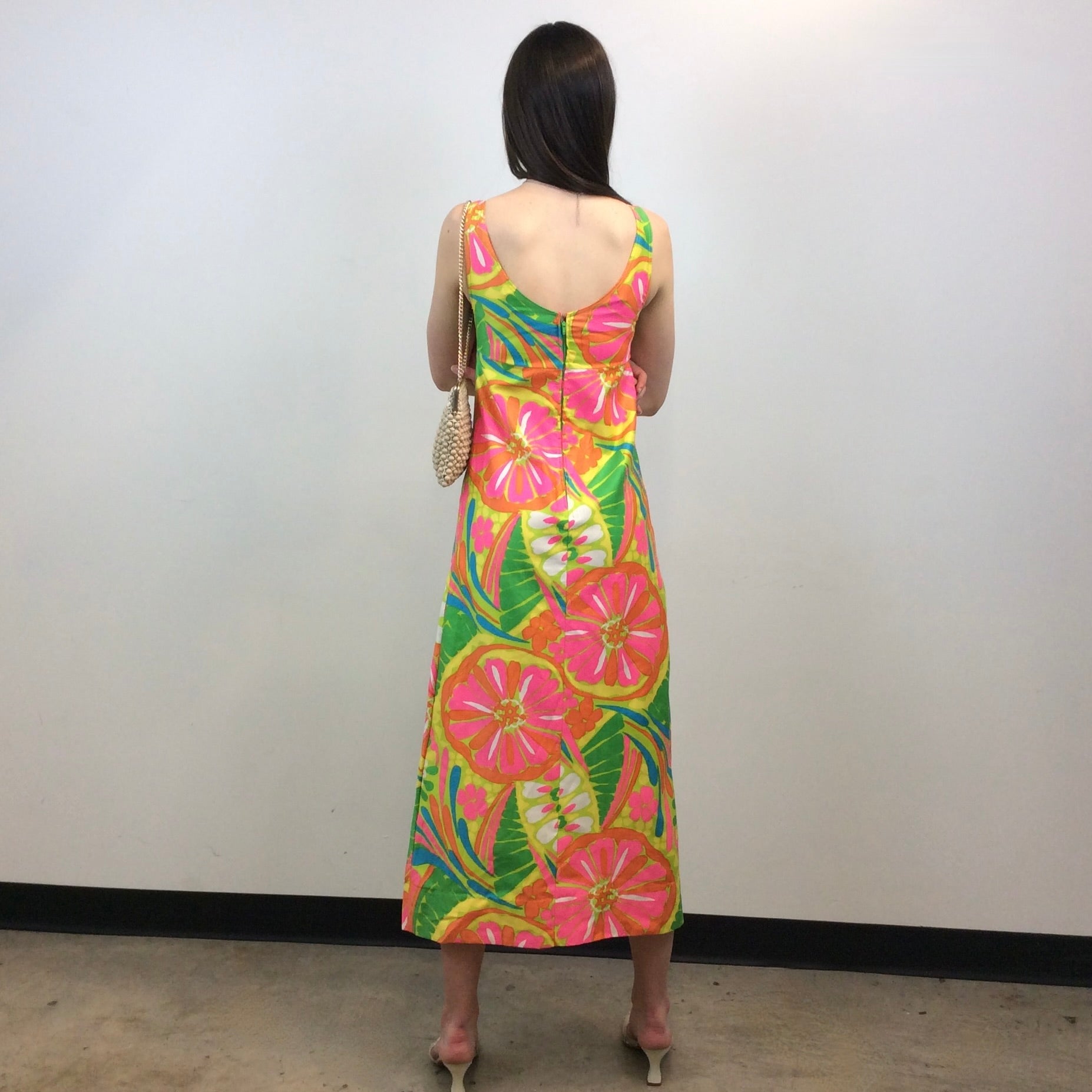 Boheme Vintage – Vintage 1960s Belinda Floral Satin Cotton Maxi Dress with Empire Waist and Open Back