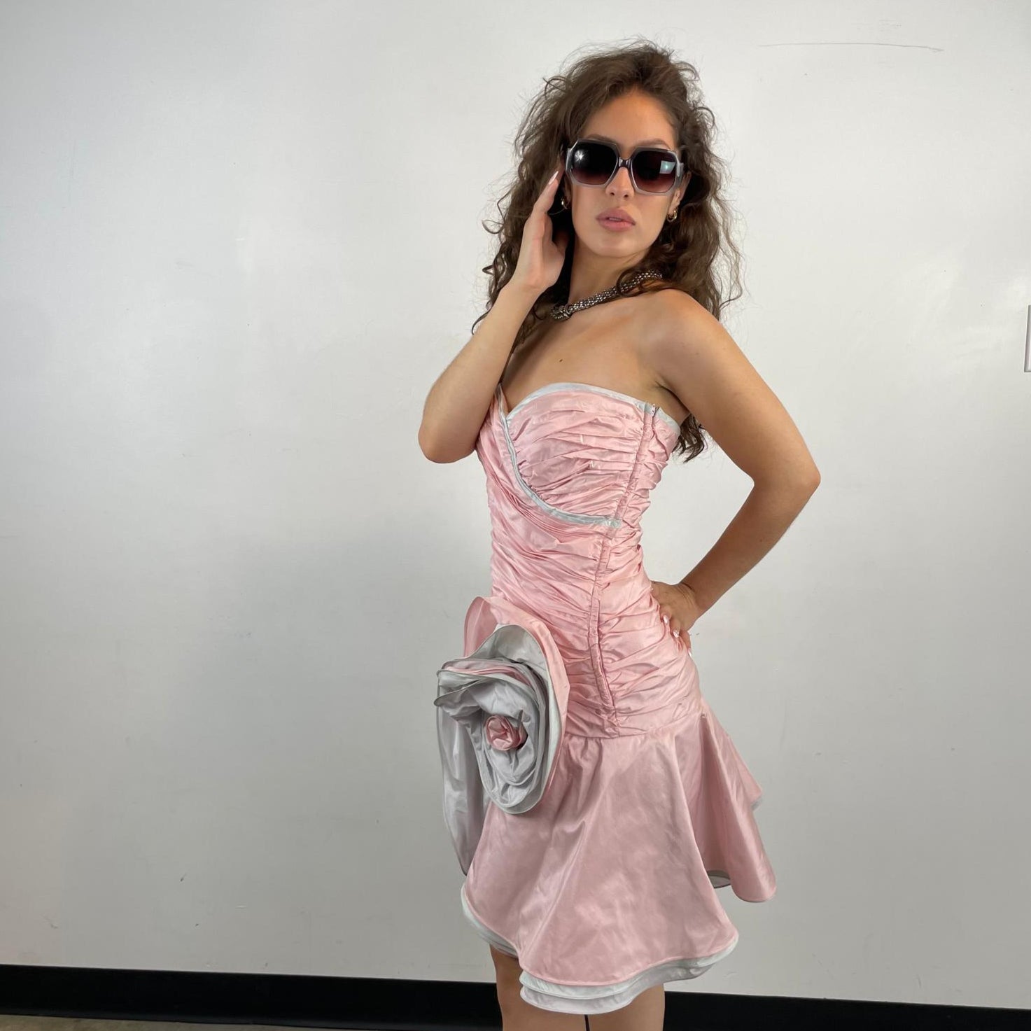 Side view of 1980s Pink Shantung Silk Ruched Bustier Dress Size Small sold at bohemevintage.com Montreal