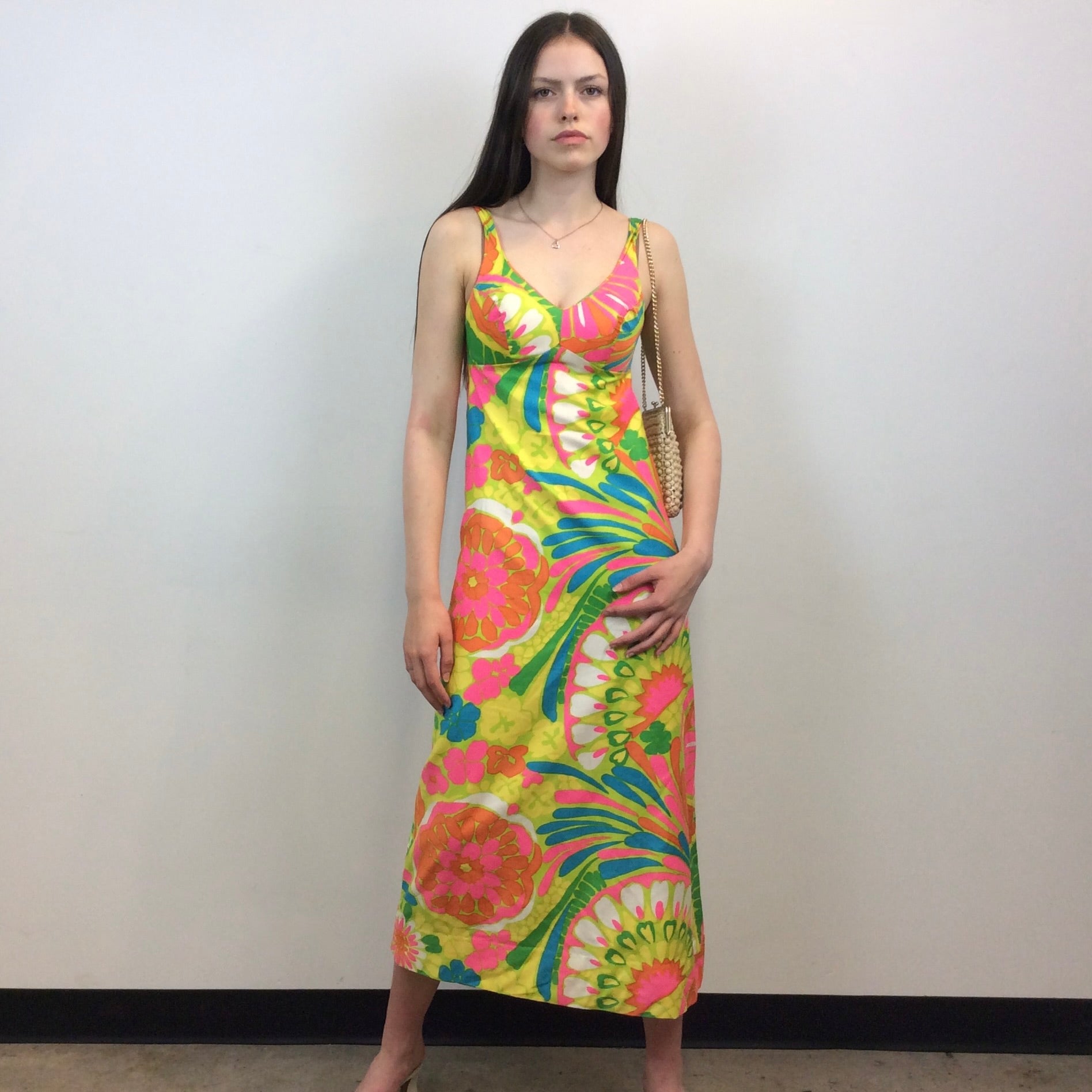 Boheme Vintage – Vintage 1960s Belinda Floral Satin Cotton Maxi Dress with Empire Waist and Open Back