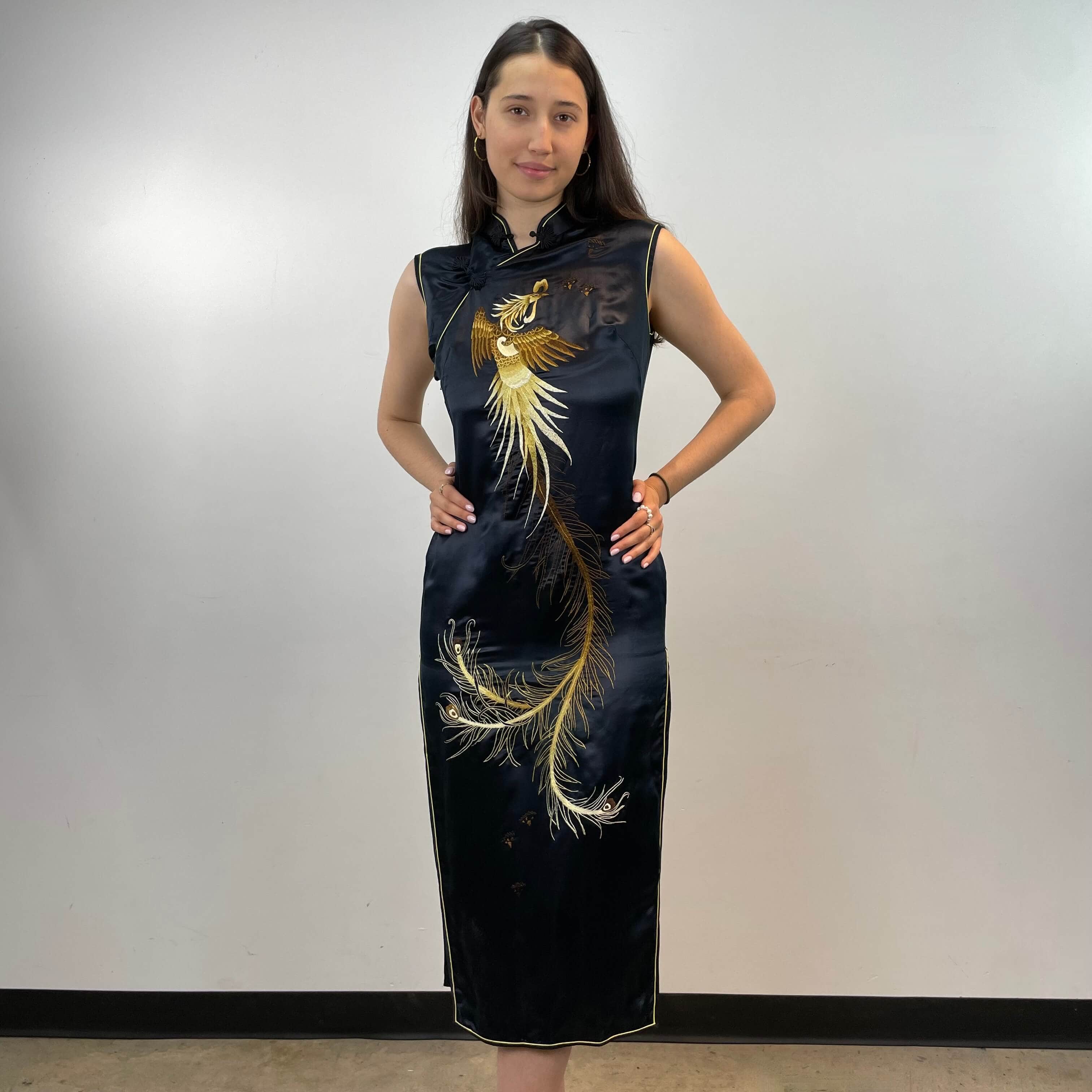 Front view of Vintage Hand Embroidered Silk Qipao Midi Dress Size Small-Medium sold at bohemevintage.com Montreal