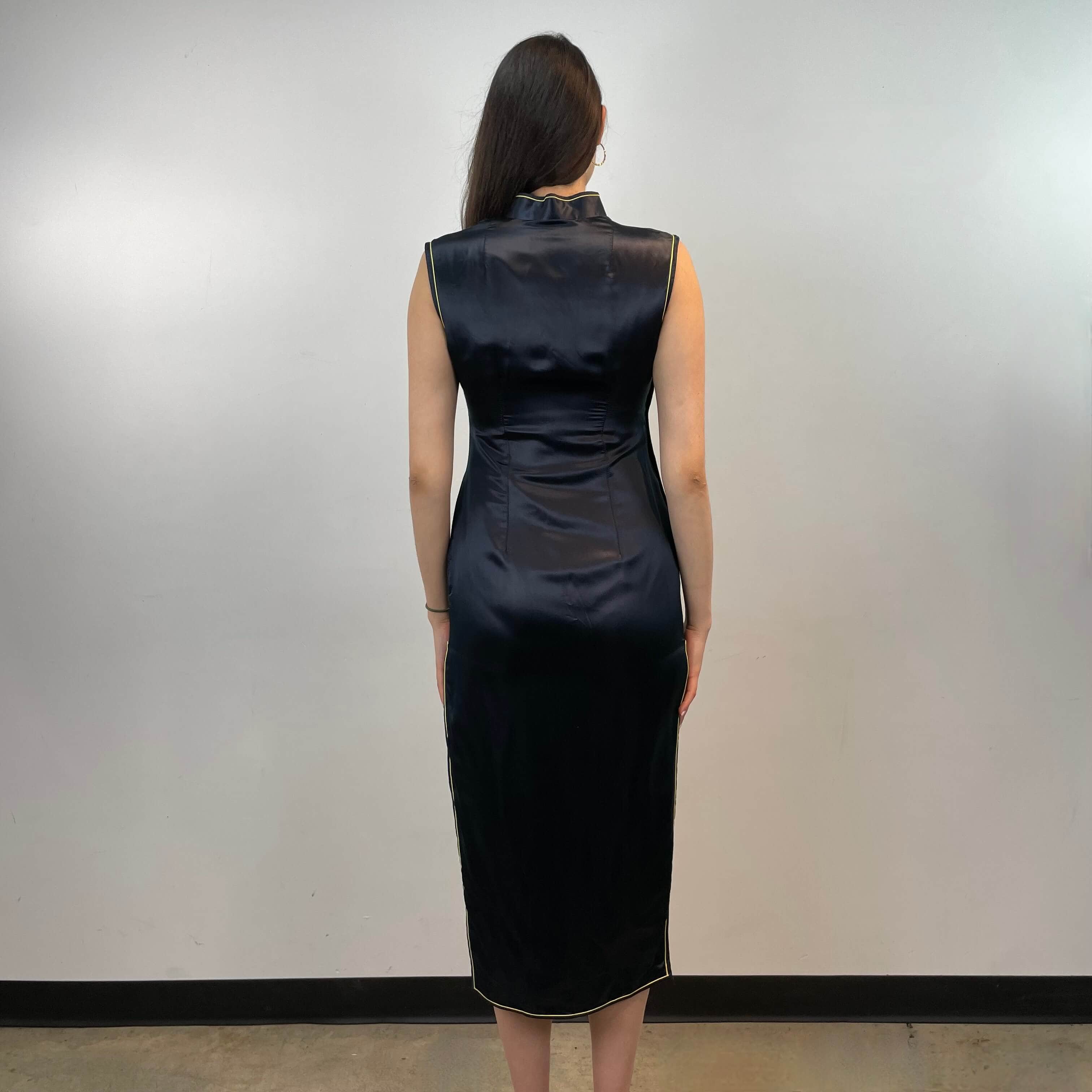 Back view of Vintage Hand Embroidered Silk Cheongsam Midi Dress Size Small-Medium sold at bohemevintage.com Montreal