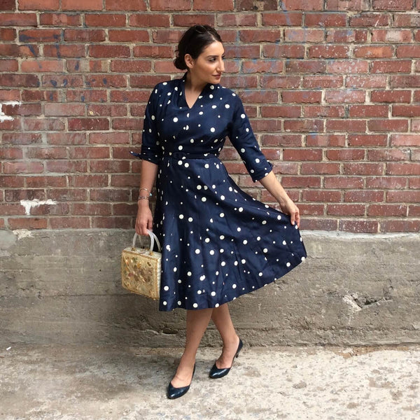 Navy and white 2024 polka dot midi dress