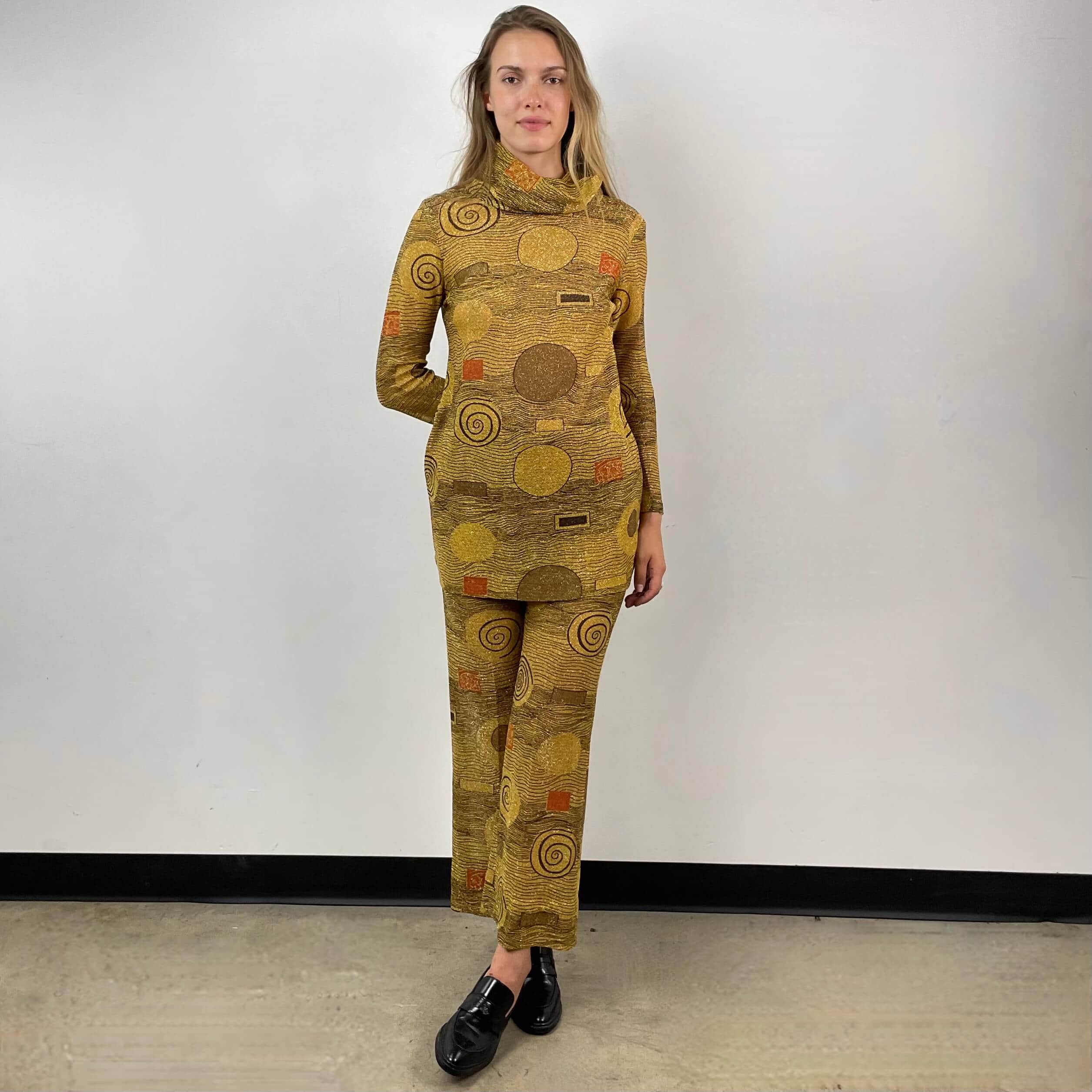 Front view of 1960s/70s Gold Patterned Mini Dress and Pant Set Size small sold at bohemevintage.com Montreal