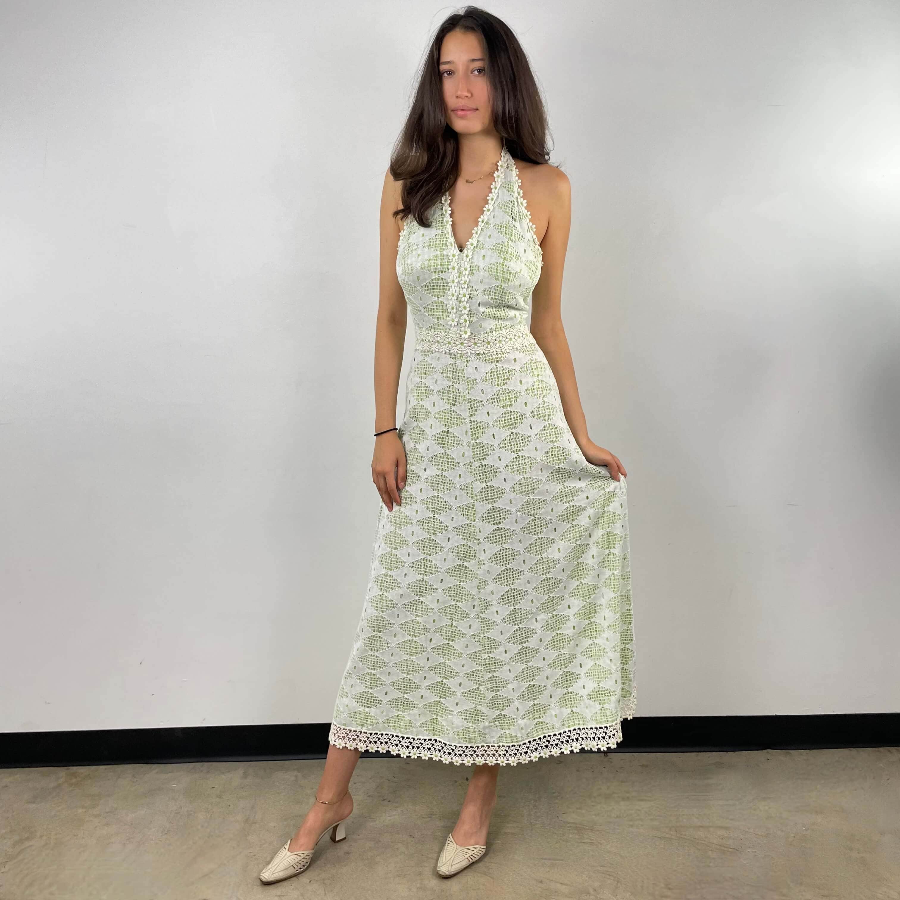 Front view of 1970's Mesh Halter Top Maxi Dress Size Small sold at bohemevintage.com Montreal