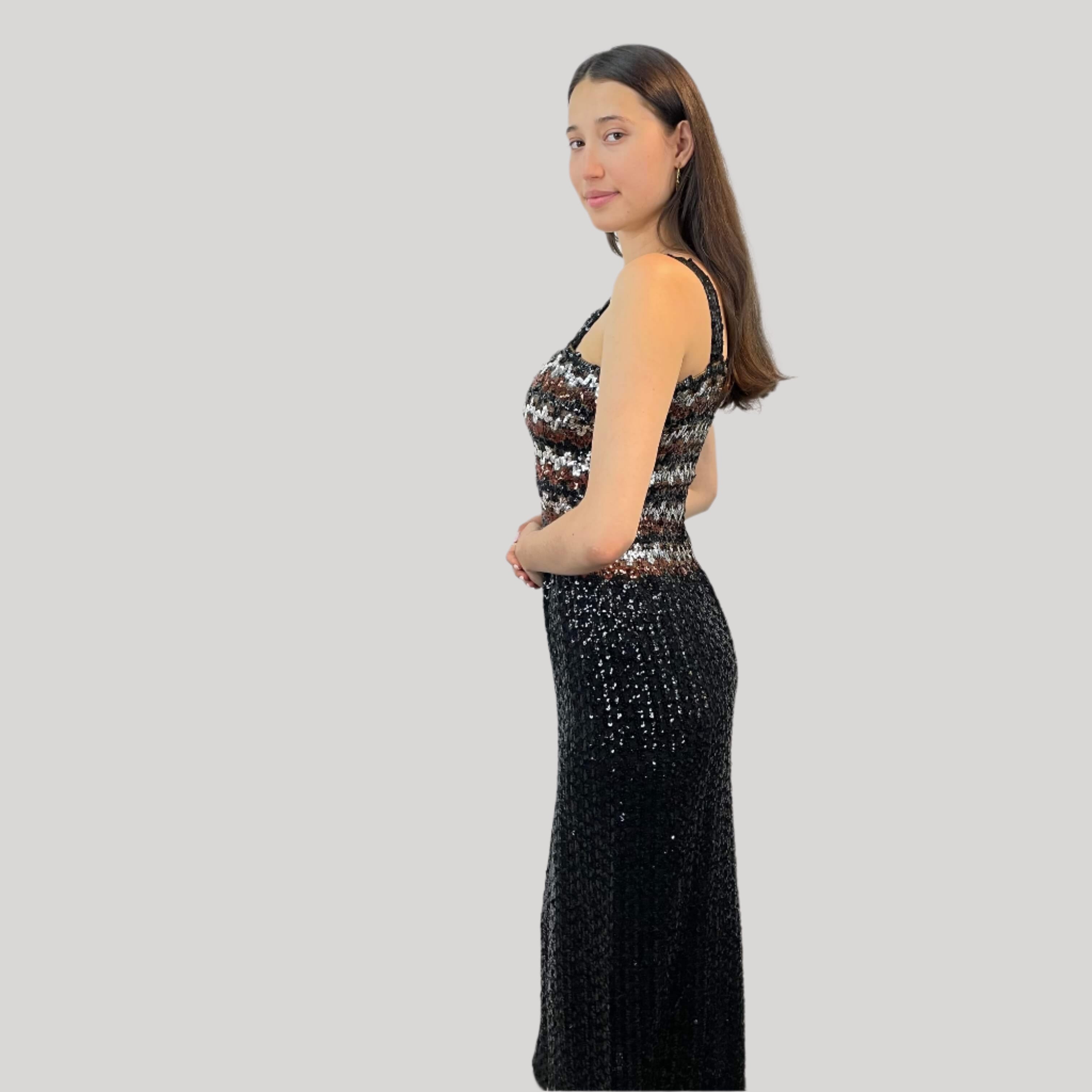 Side view of 1970s Black Sequin Midi Dress Small-Medium sold by bohemevintage.com Montreal