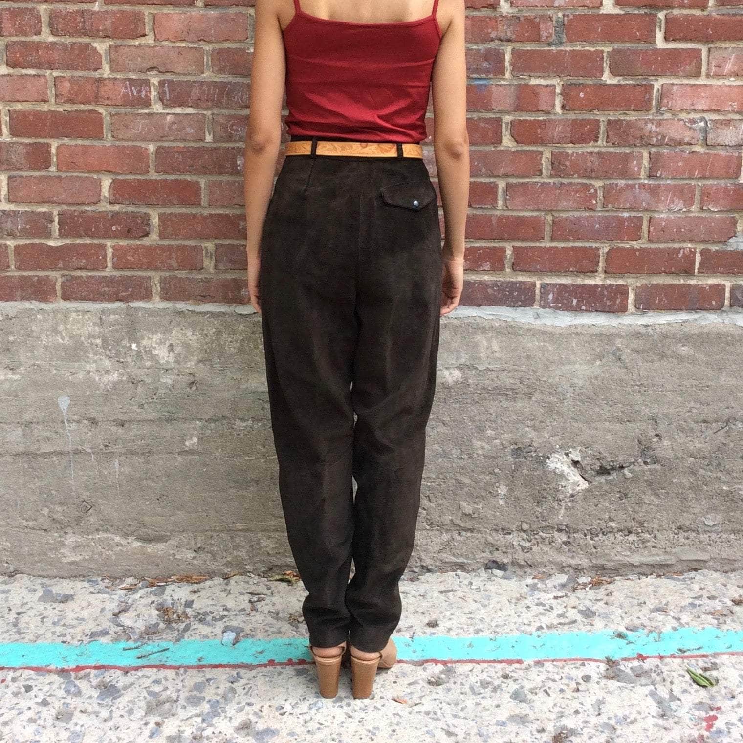 Boheme Vintage 1980s Cosi Diversa dark brown suede high-waisted tapered pants with jean-style cut.