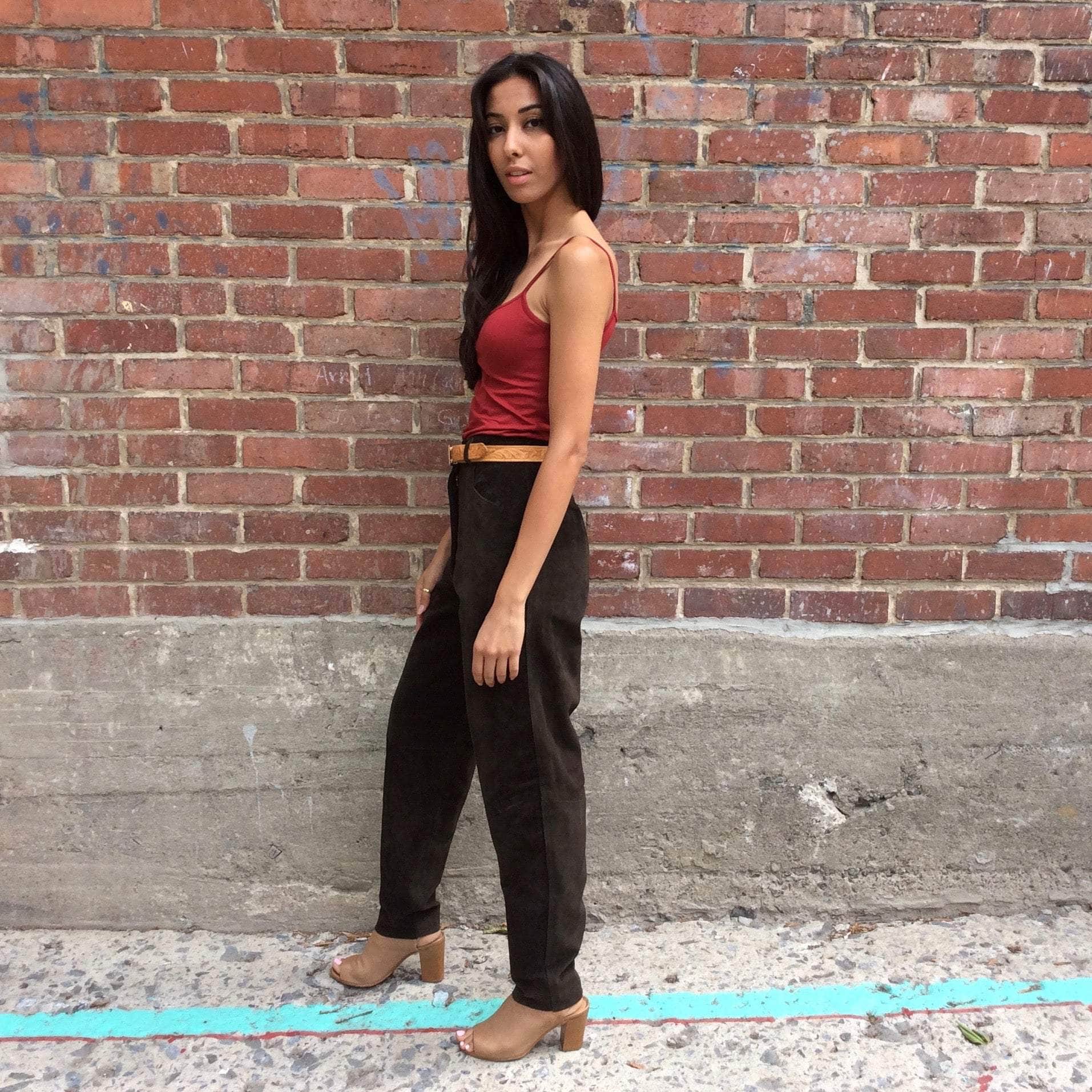 Boheme Vintage 1980s Cosi Diversa dark brown suede high-waisted tapered pants with jean-style cut.