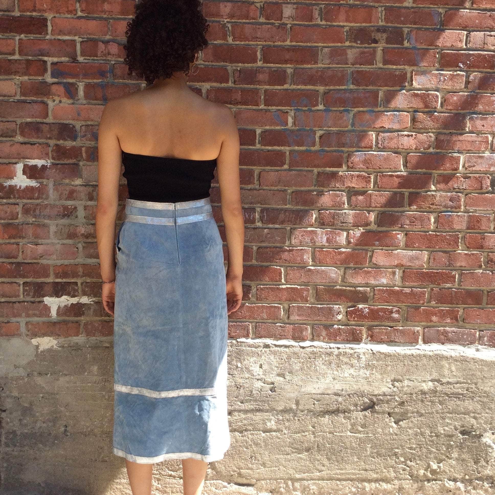 Back View of Boheme Vintage 1990s Y2K baby blue suede midi skirt with silver leather trim and patch pockets.