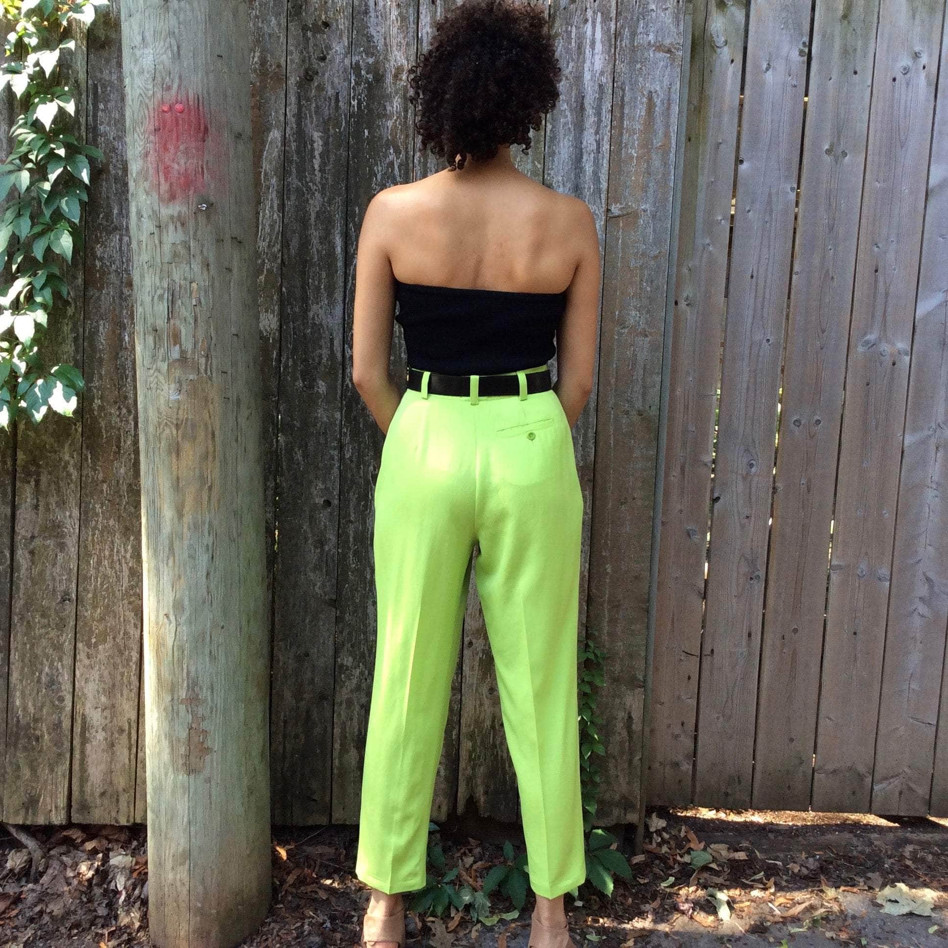 Back view of Mondi high-waist wool trousers in vibrant colour, flattering tapered fit, available at Boheme Vintage, Montreal — bohèmevintage.com