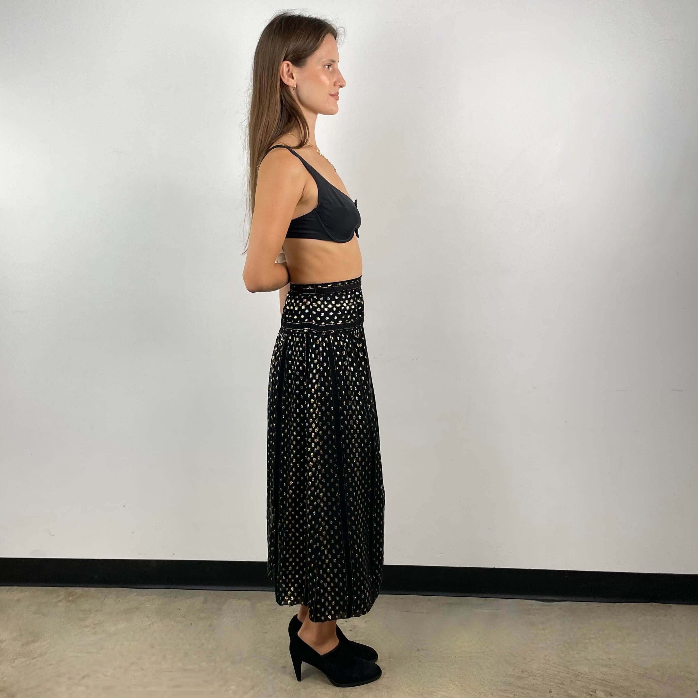 Side view of Gold and Silver Yoke Brocade Silk Midi Skirt Size X-Small sold at bohemevintage.com Montreal