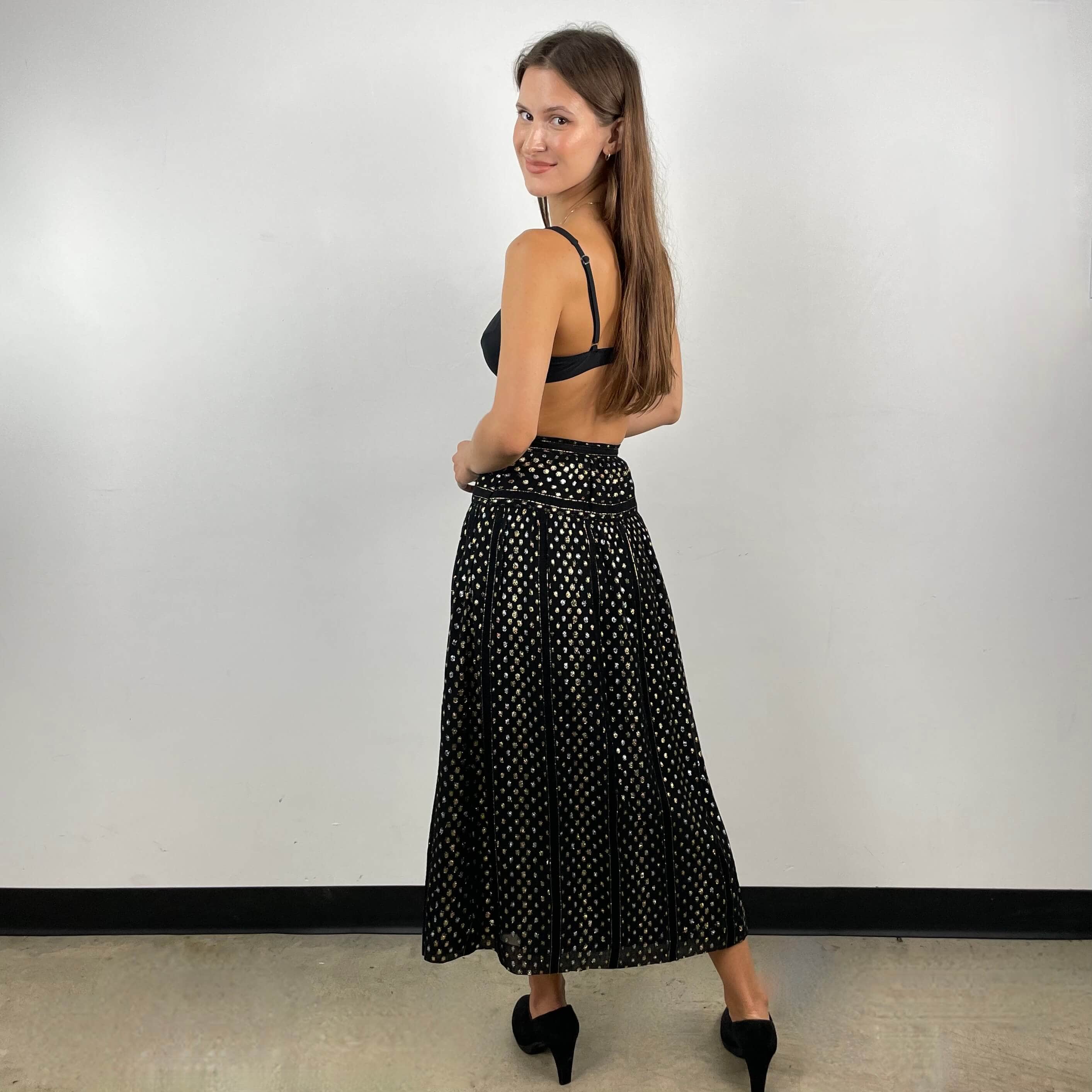 Back view of Gold and Silver Yoke Brocade Silk Midi Skirt Size X-Small sold at bohemevintage.com Montreal