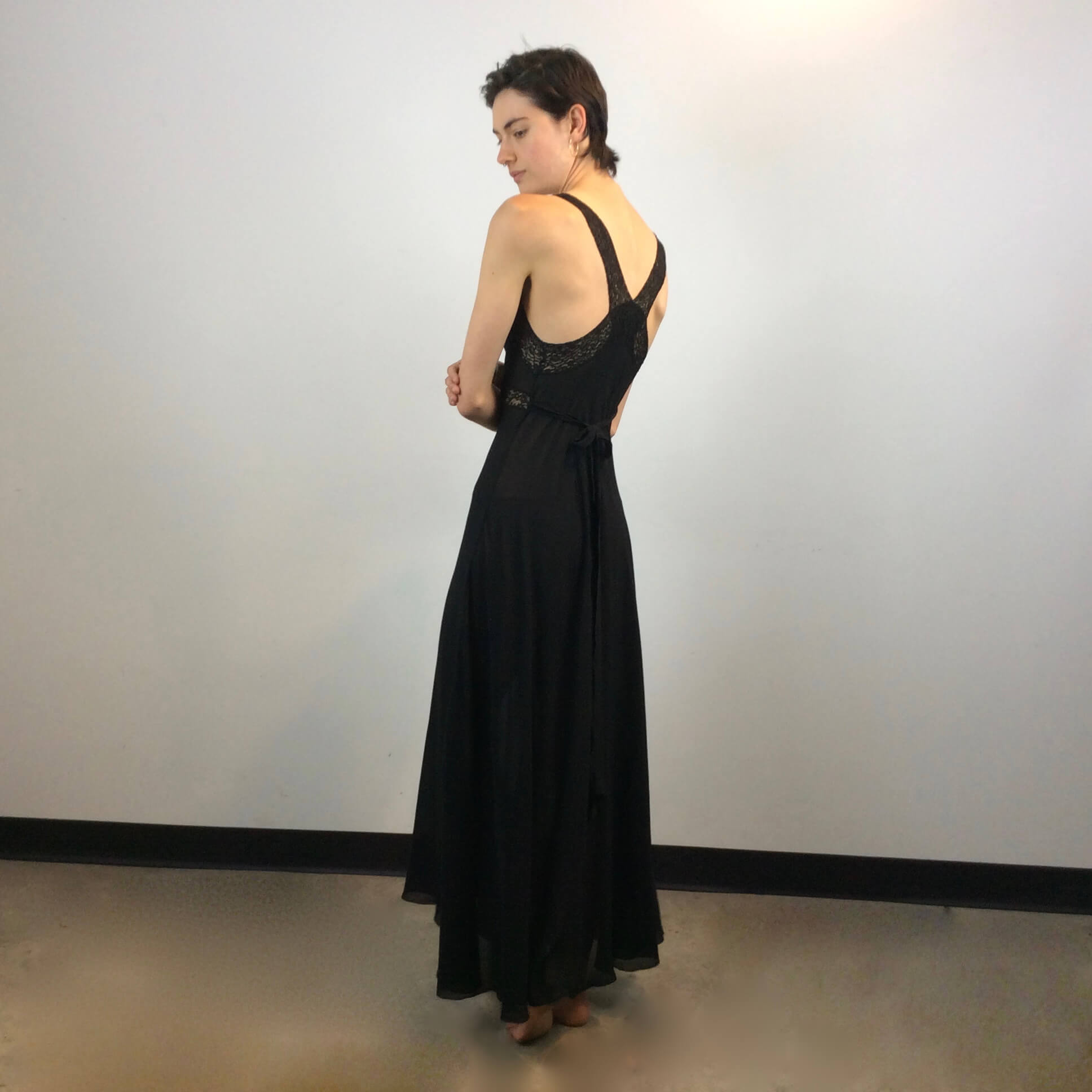 Side Back View of Flowy Long Black Silk Nightgown Size Small sold at bohemevintage.com Montreal