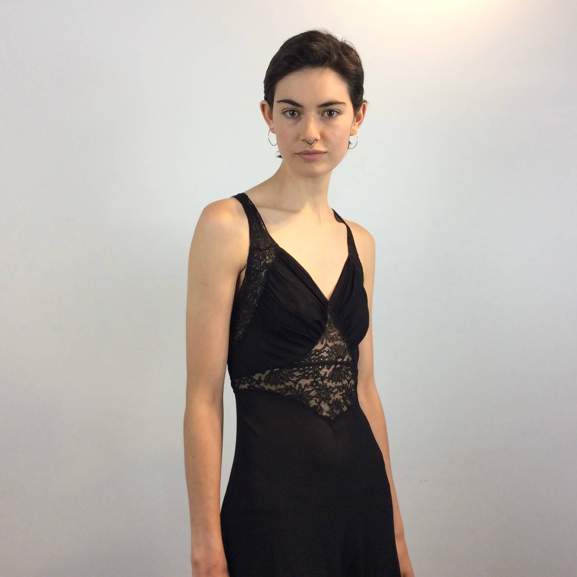 Upper Front View of Flowy Long Black Silk Nightgown Small sold at bohemevintage.com Montreal