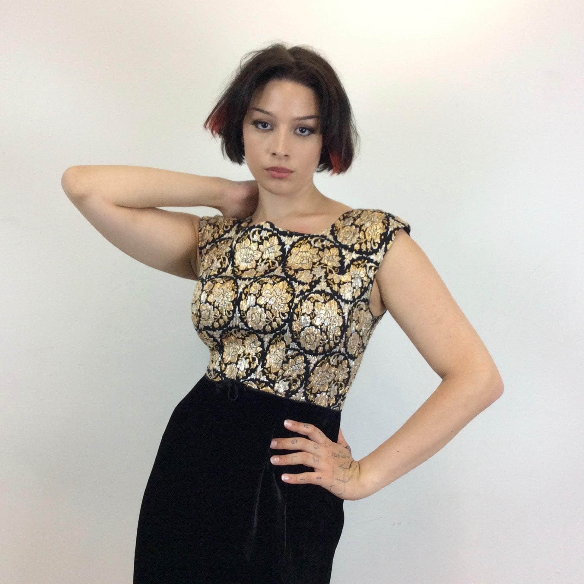 1950s-1960s Metallic Brocade and Black Velvet Dress size Medium sold by bohemevintage.com
